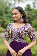 Women’s Purple Georgette Gown – Elegant Designer Wear with Embroidered Detailing