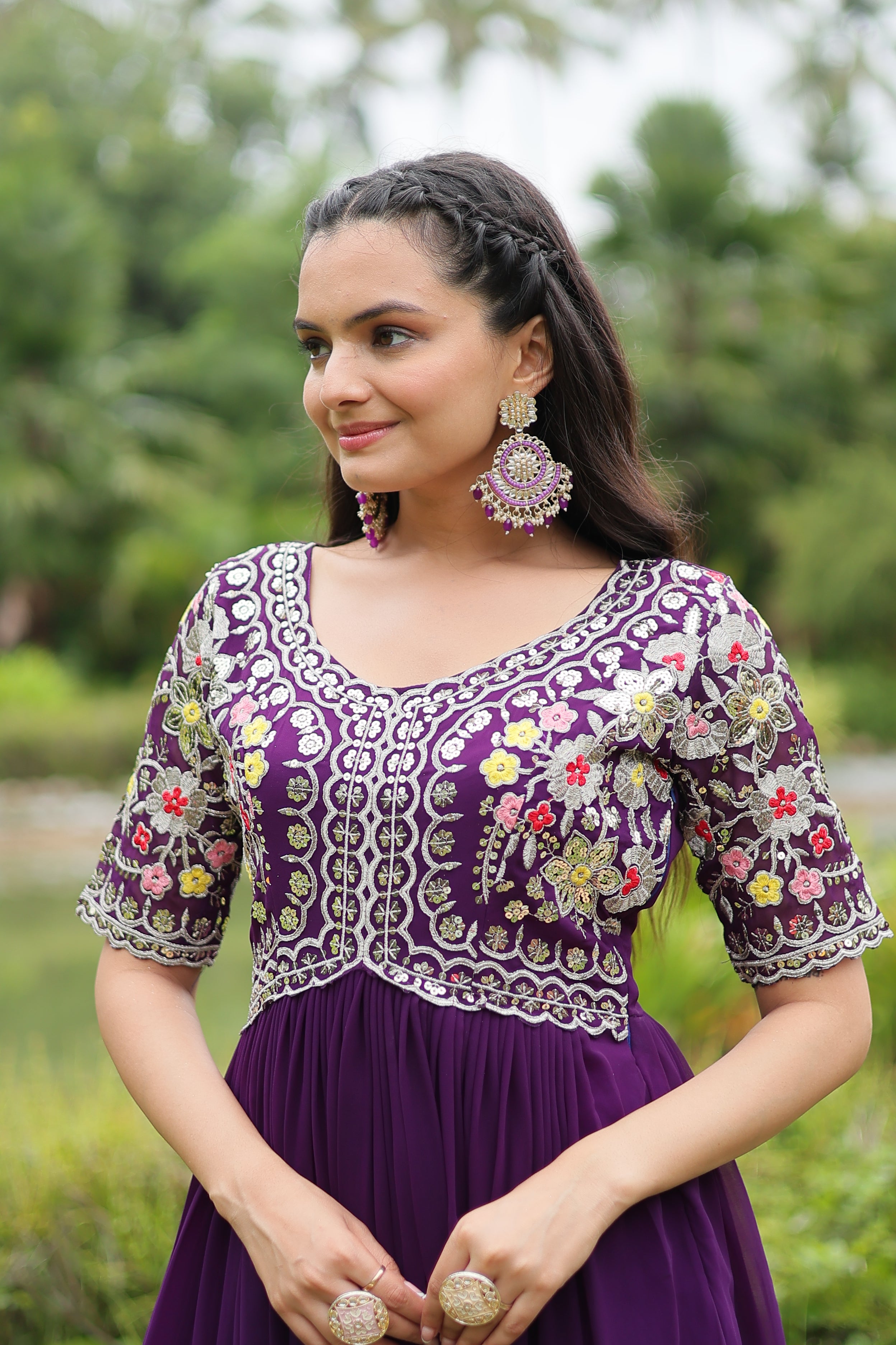 Women’s Purple Georgette Gown – Elegant Designer Wear with Embroidered Detailing