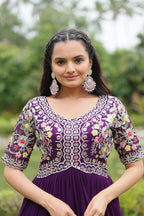 Women’s Purple Georgette Gown – Elegant Designer Wear with Embroidered Detailing