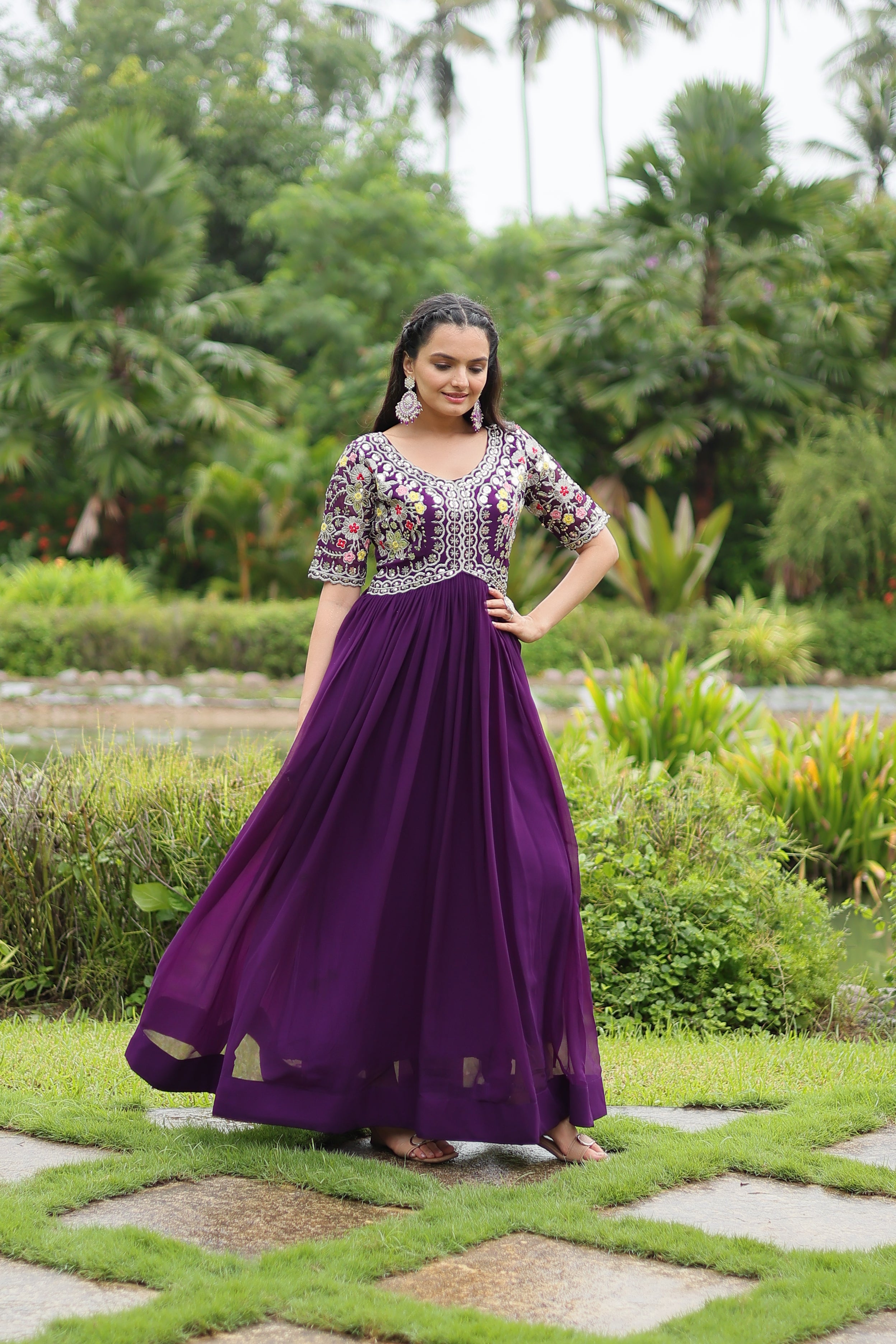 Women’s Purple Georgette Gown – Elegant Designer Wear with Embroidered Detailing
