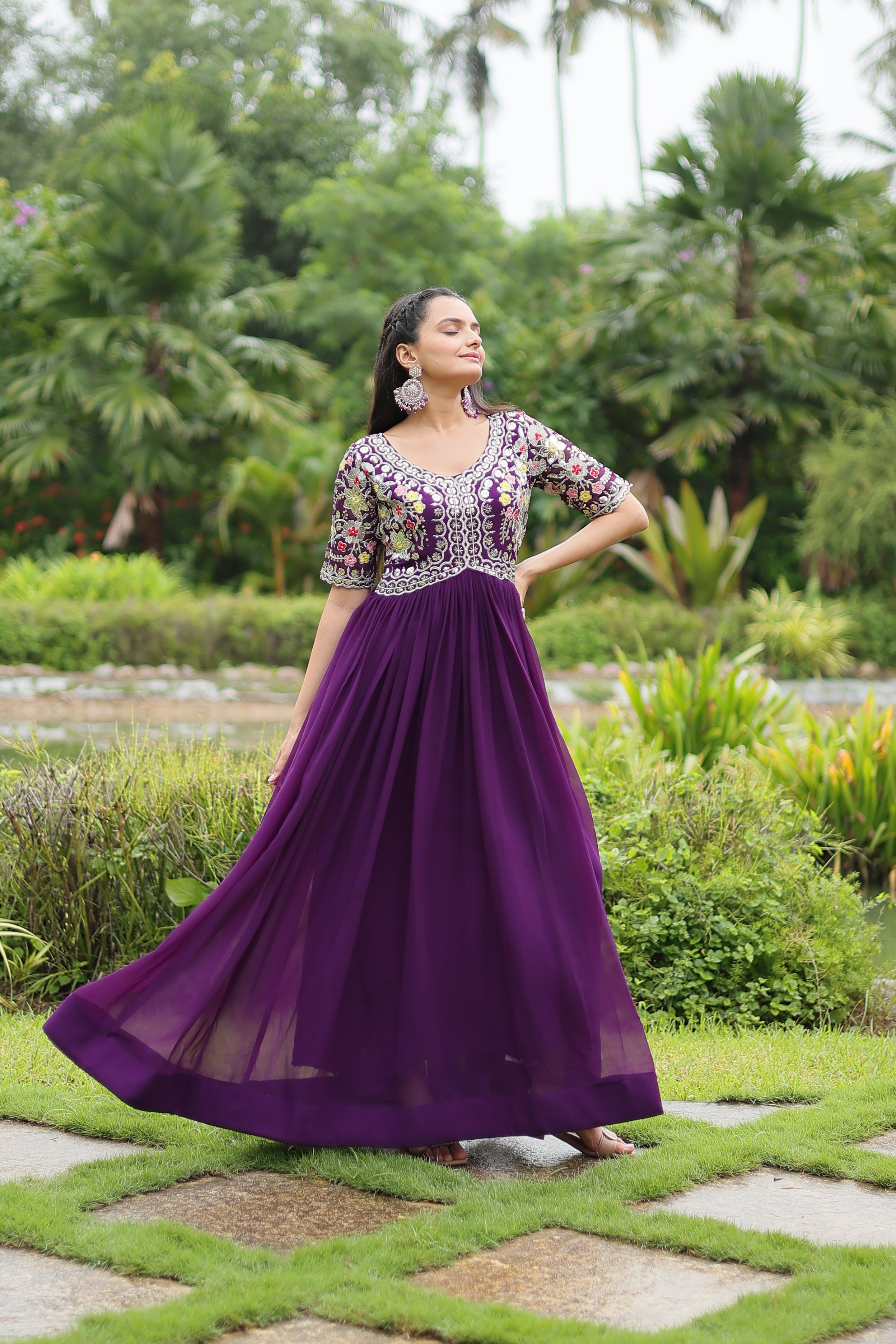 Women’s Purple Georgette Gown – Elegant Designer Wear with Embroidered Detailing