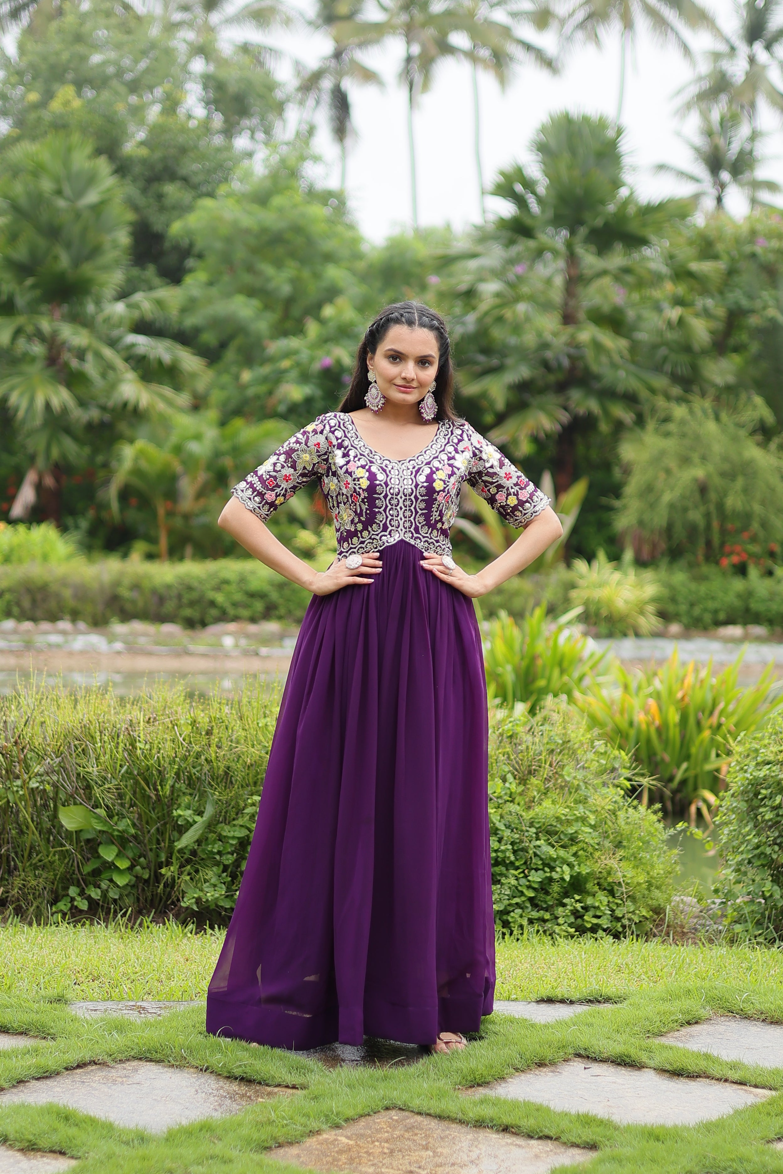 Women’s Purple Georgette Gown – Elegant Designer Wear with Embroidered Detailing