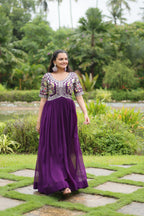 Women’s Purple Georgette Gown – Elegant Designer Wear with Embroidered Detailing