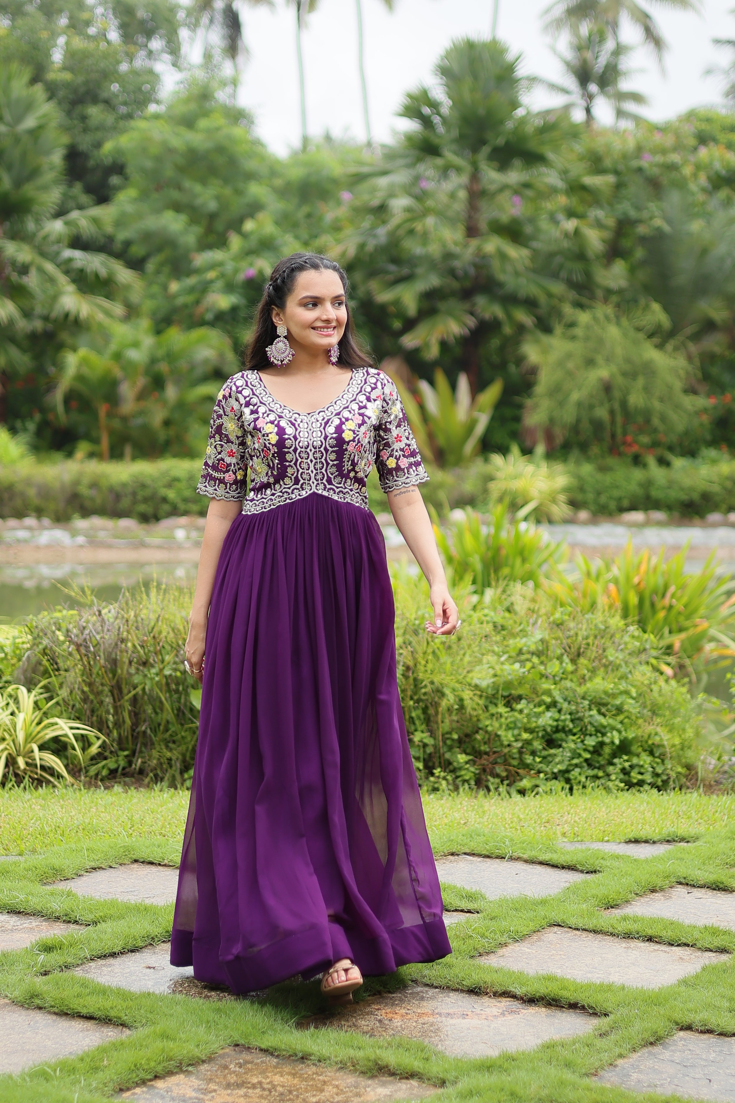 Women’s Purple Georgette Gown – Elegant Designer Wear with Embroidered Detailing