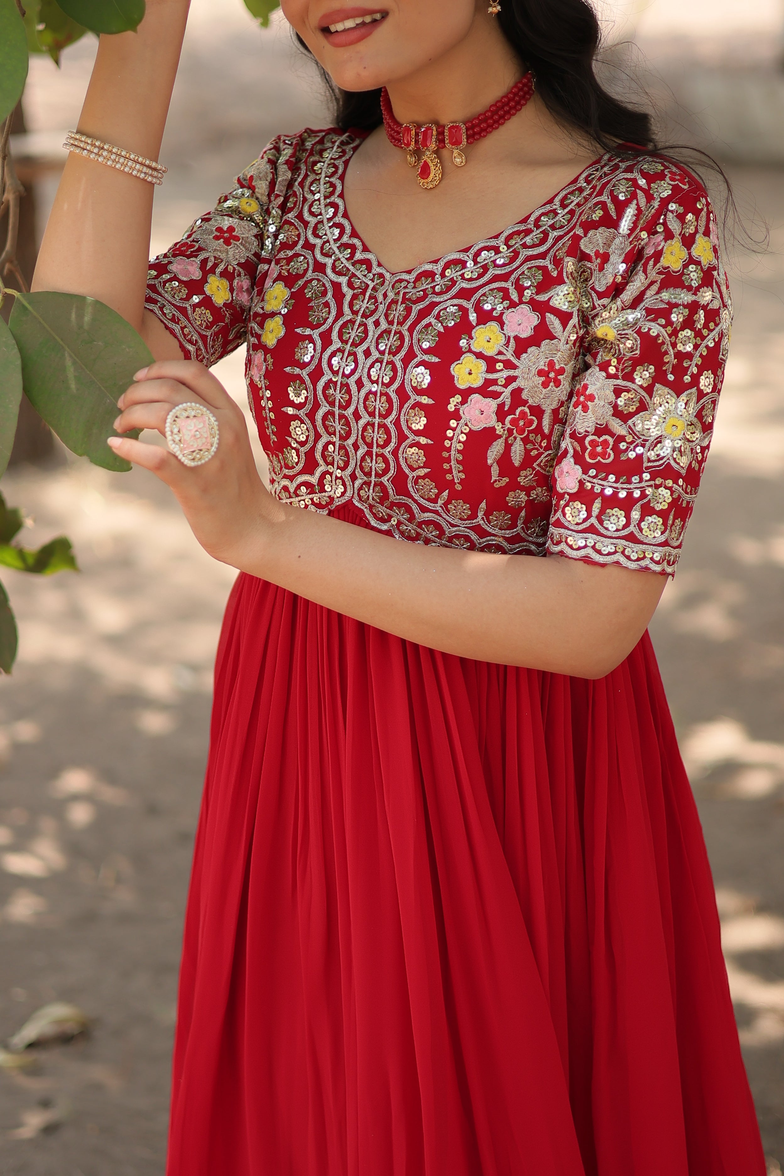 Women’s Red Georgette Gown – Elegant Designer Wear with Embroidered Detailing
