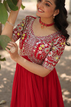 Women’s Red Georgette Gown – Elegant Designer Wear with Embroidered Detailing