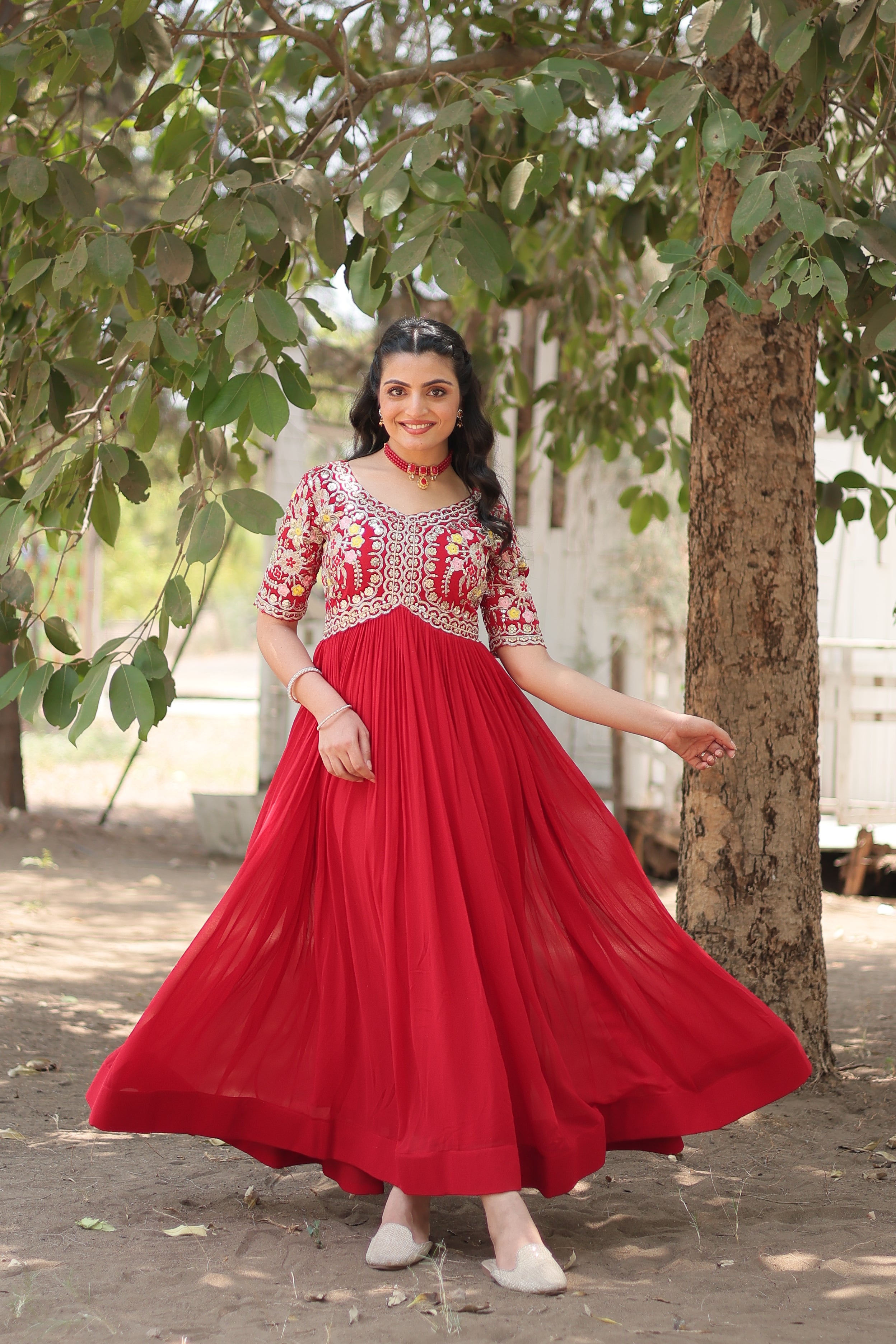 Women’s Red Georgette Gown – Elegant Designer Wear with Embroidered Detailing