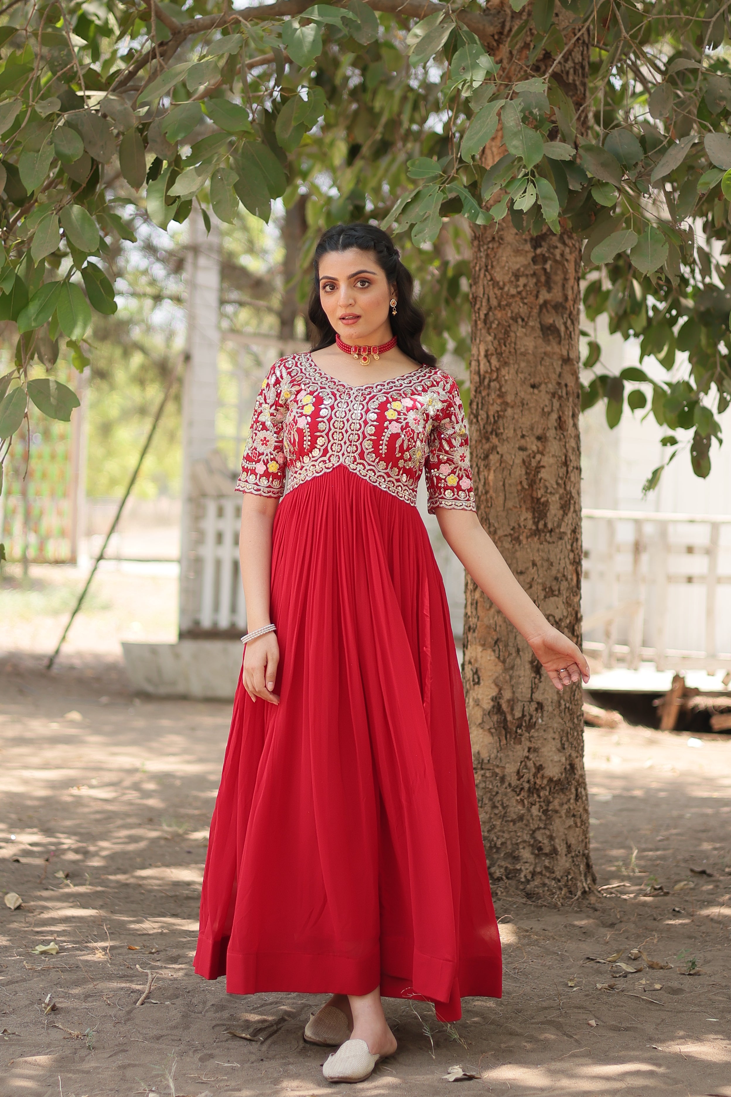 Women’s Red Georgette Gown – Elegant Designer Wear with Embroidered Detailing