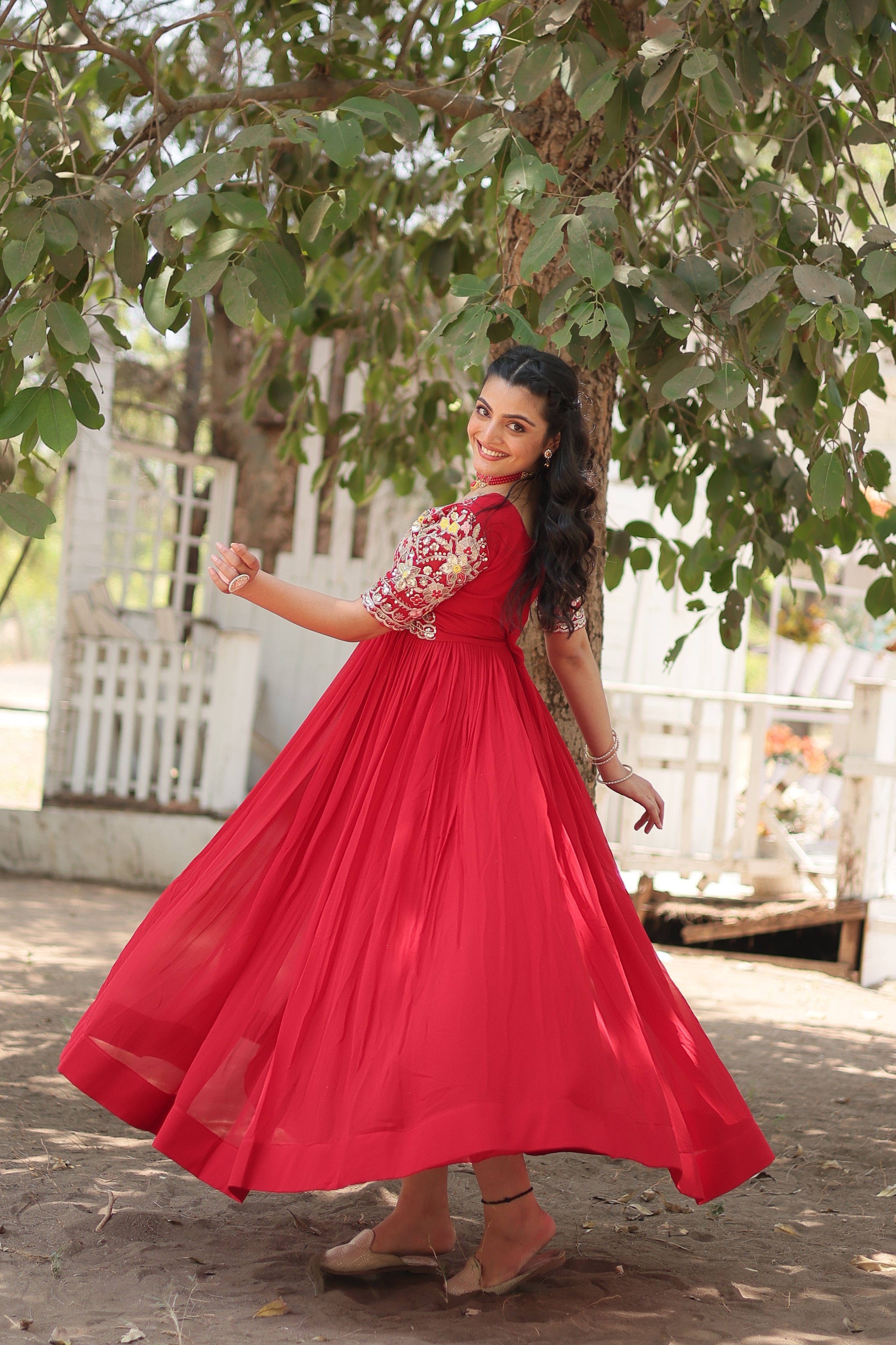 Women’s Red Georgette Gown – Elegant Designer Wear with Embroidered Detailing