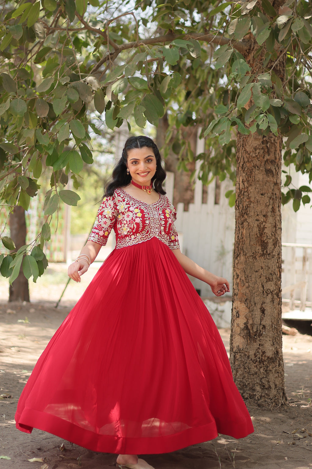 Women’s Red Georgette Gown – Elegant Designer Wear with Embroidered Detailing