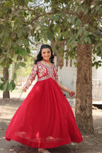 Women’s Red Georgette Gown – Elegant Designer Wear with Embroidered Detailing