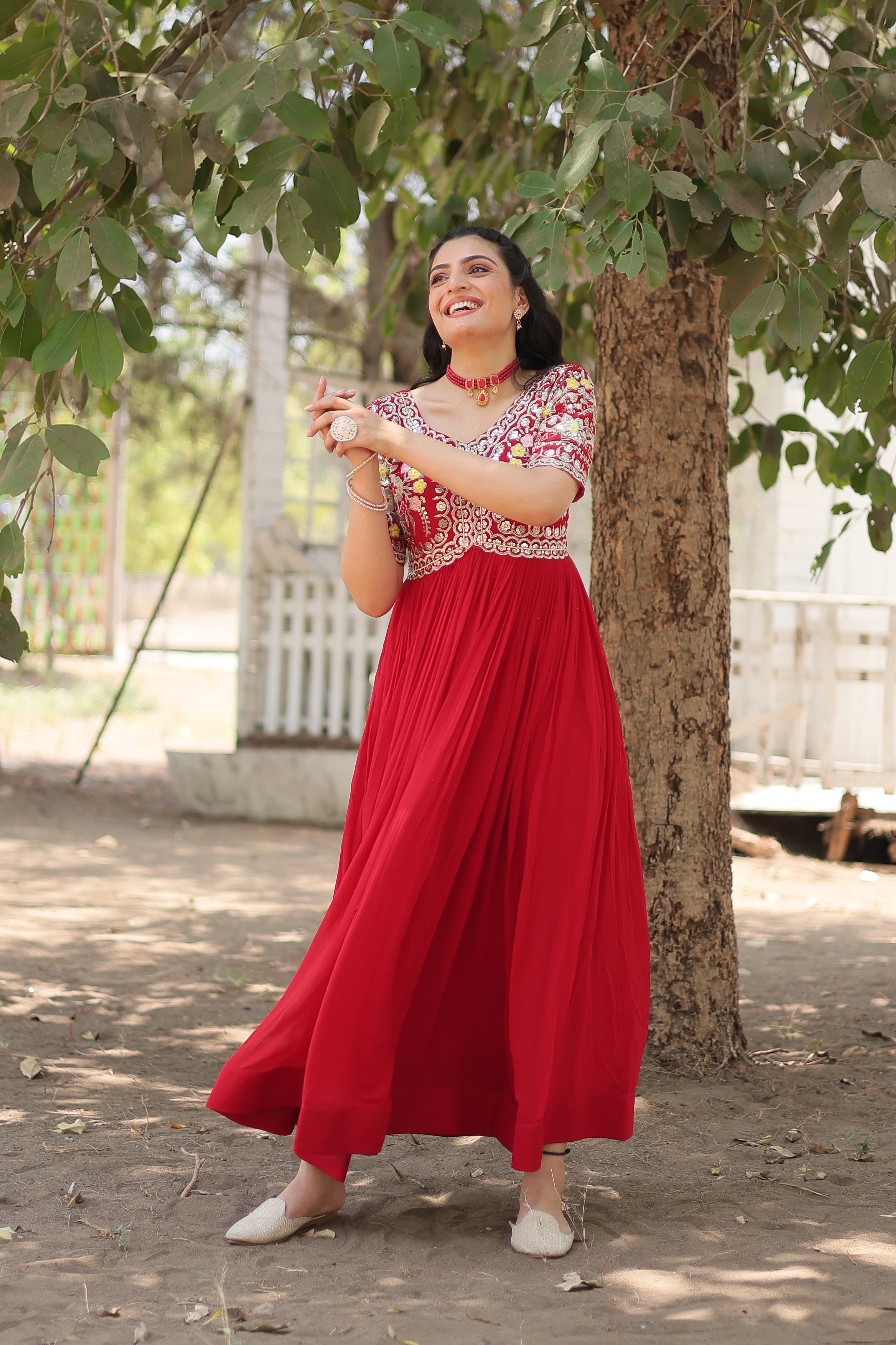 Women’s Red Georgette Gown – Elegant Designer Wear with Embroidered Detailing