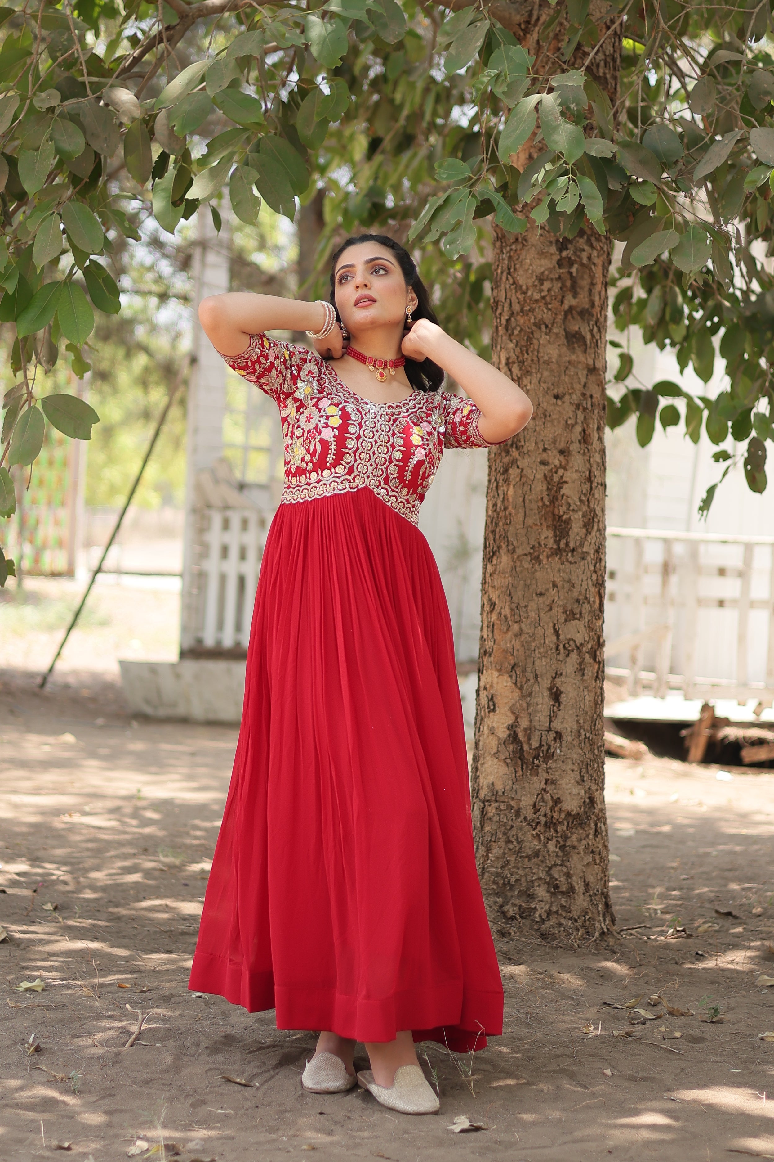 Women’s Red Georgette Gown – Elegant Designer Wear with Embroidered Detailing