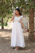 Women’s White Georgette Gown – Elegant Designer Wear with Embroidered Detailing