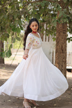 Women’s White Georgette Gown – Elegant Designer Wear with Embroidered Detailing