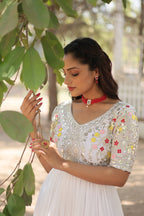 Women’s White Georgette Gown – Elegant Designer Wear with Embroidered Detailing
