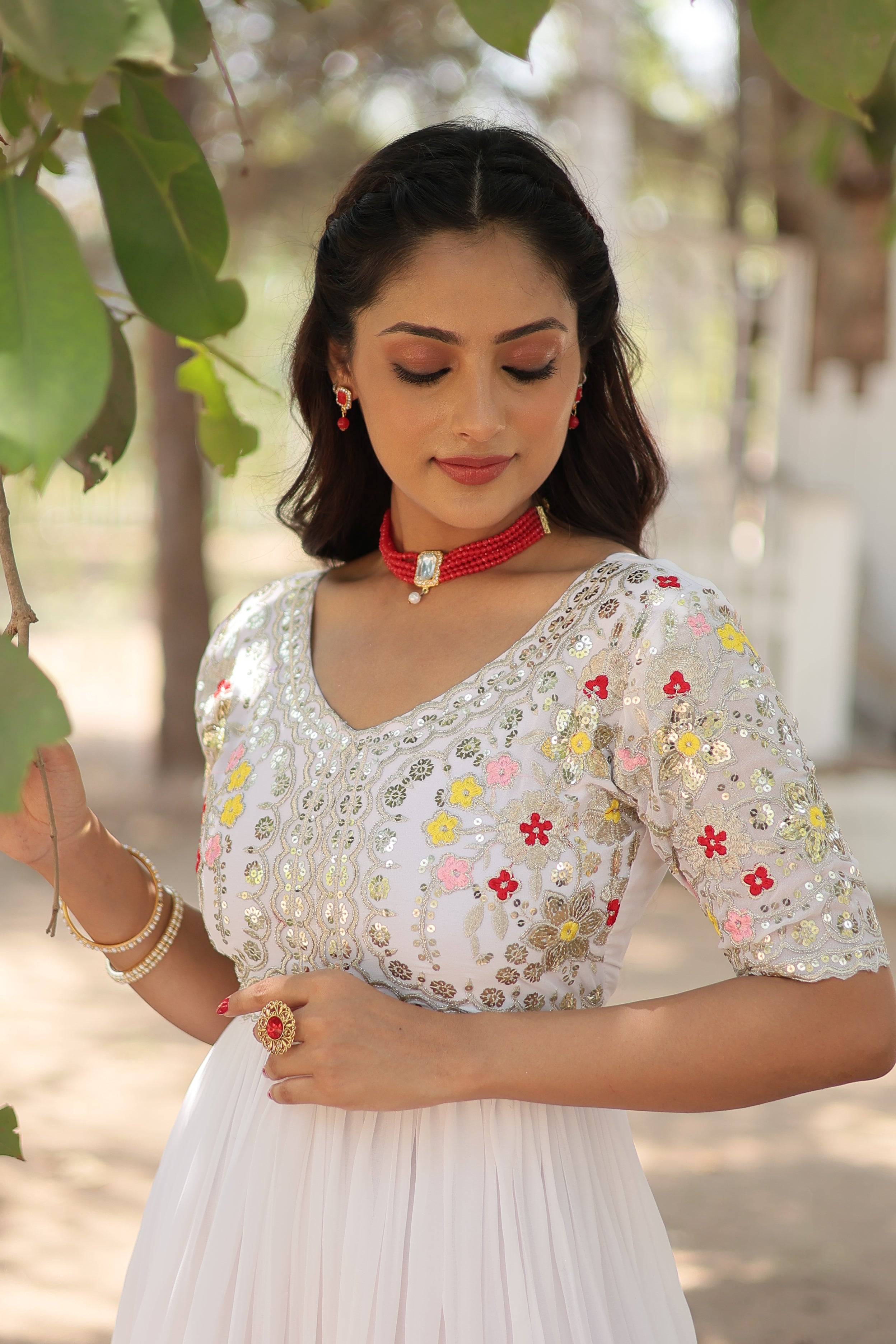 Women’s White Georgette Gown – Elegant Designer Wear with Embroidered Detailing
