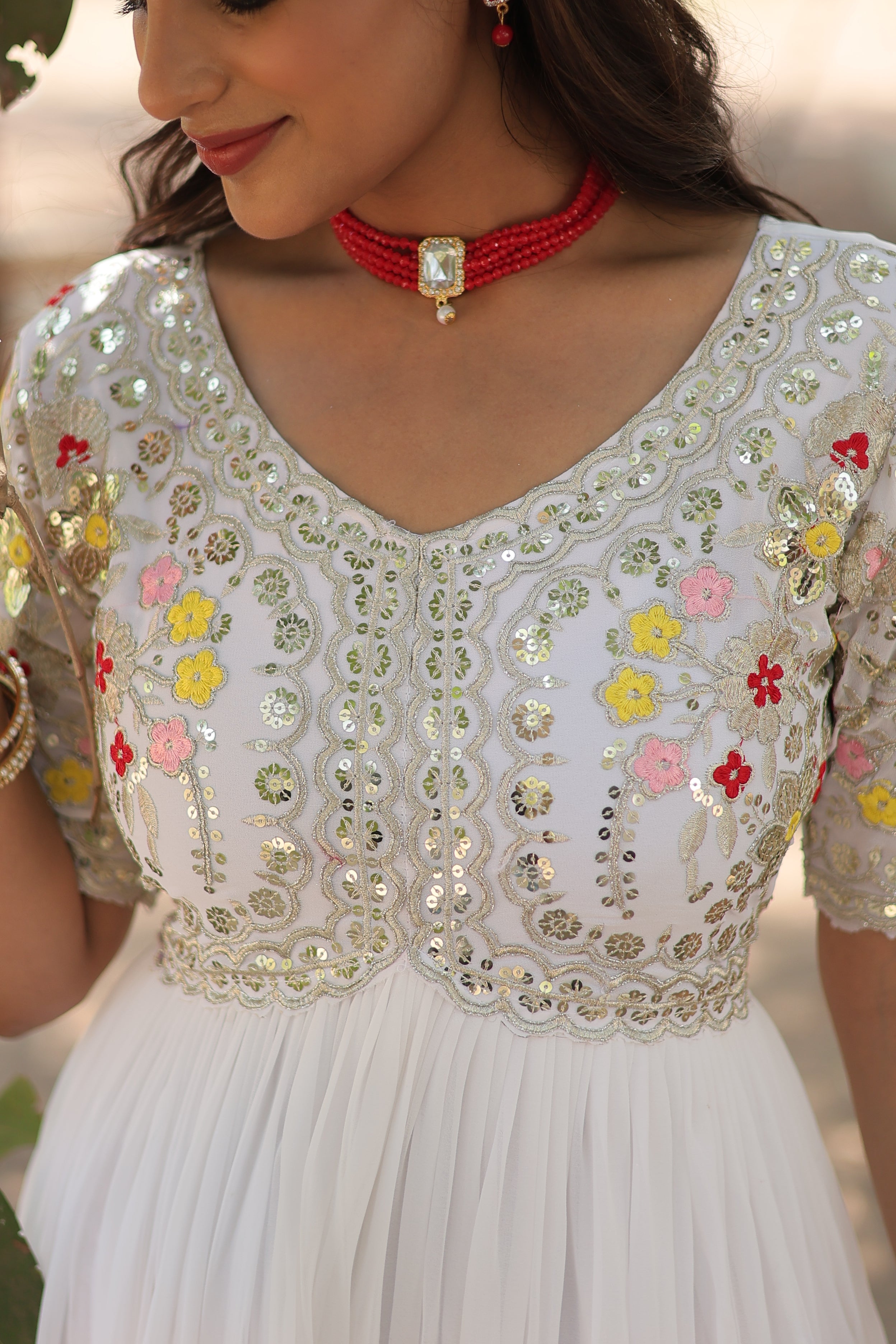 Women’s White Georgette Gown – Elegant Designer Wear with Embroidered Detailing