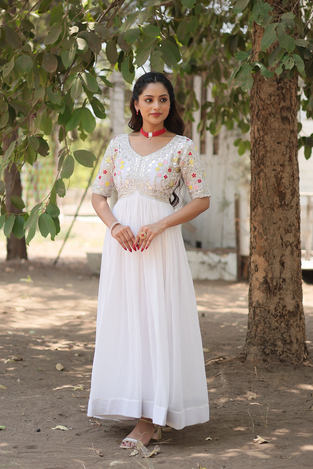 Women’s White Georgette Gown – Elegant Designer Wear with Embroidered Detailing
