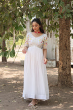 Women’s White Georgette Gown – Elegant Designer Wear with Embroidered Detailing