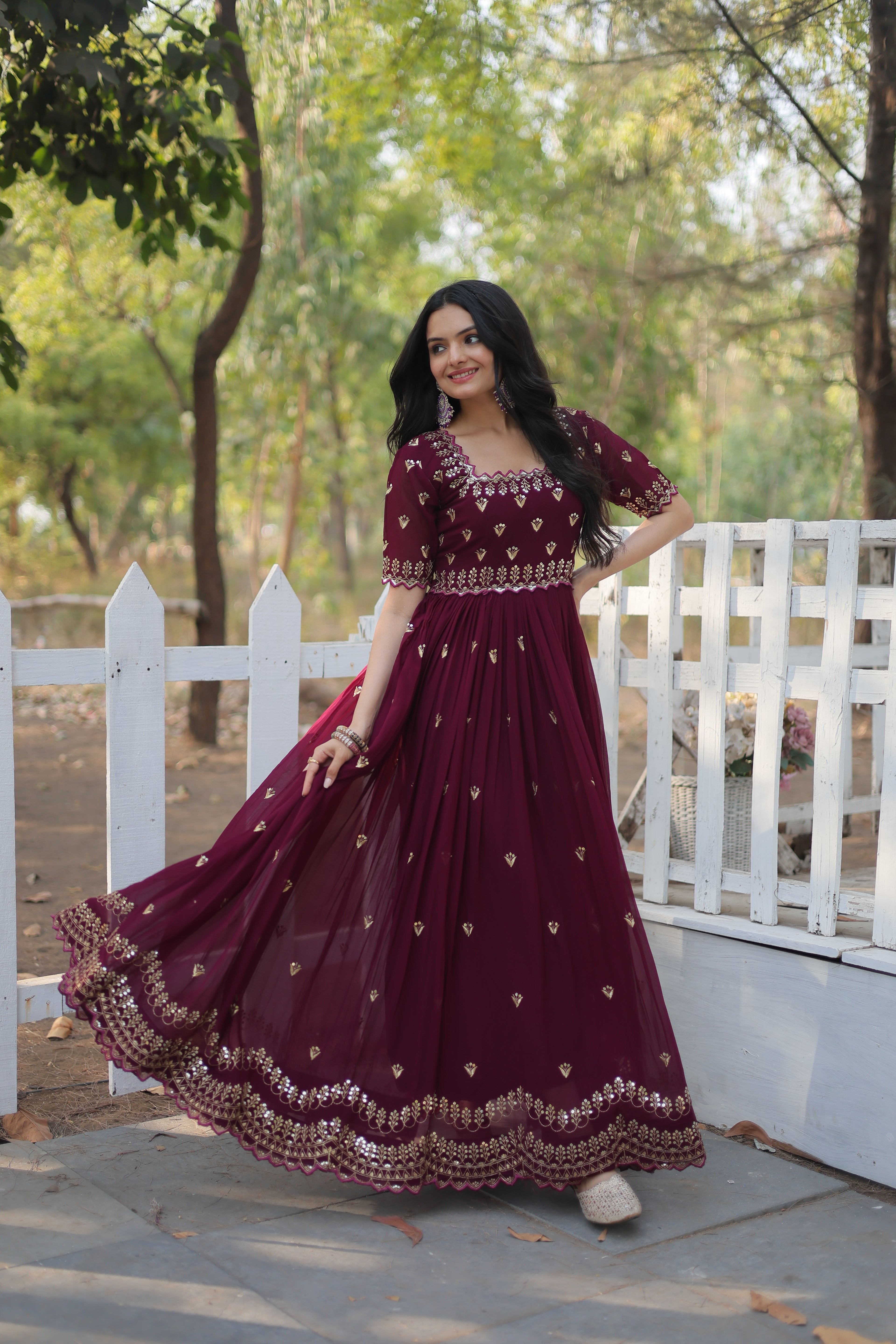 Women’s Maroon Georgette Gown – Elegant Designer Wear with Embroidered Detailing