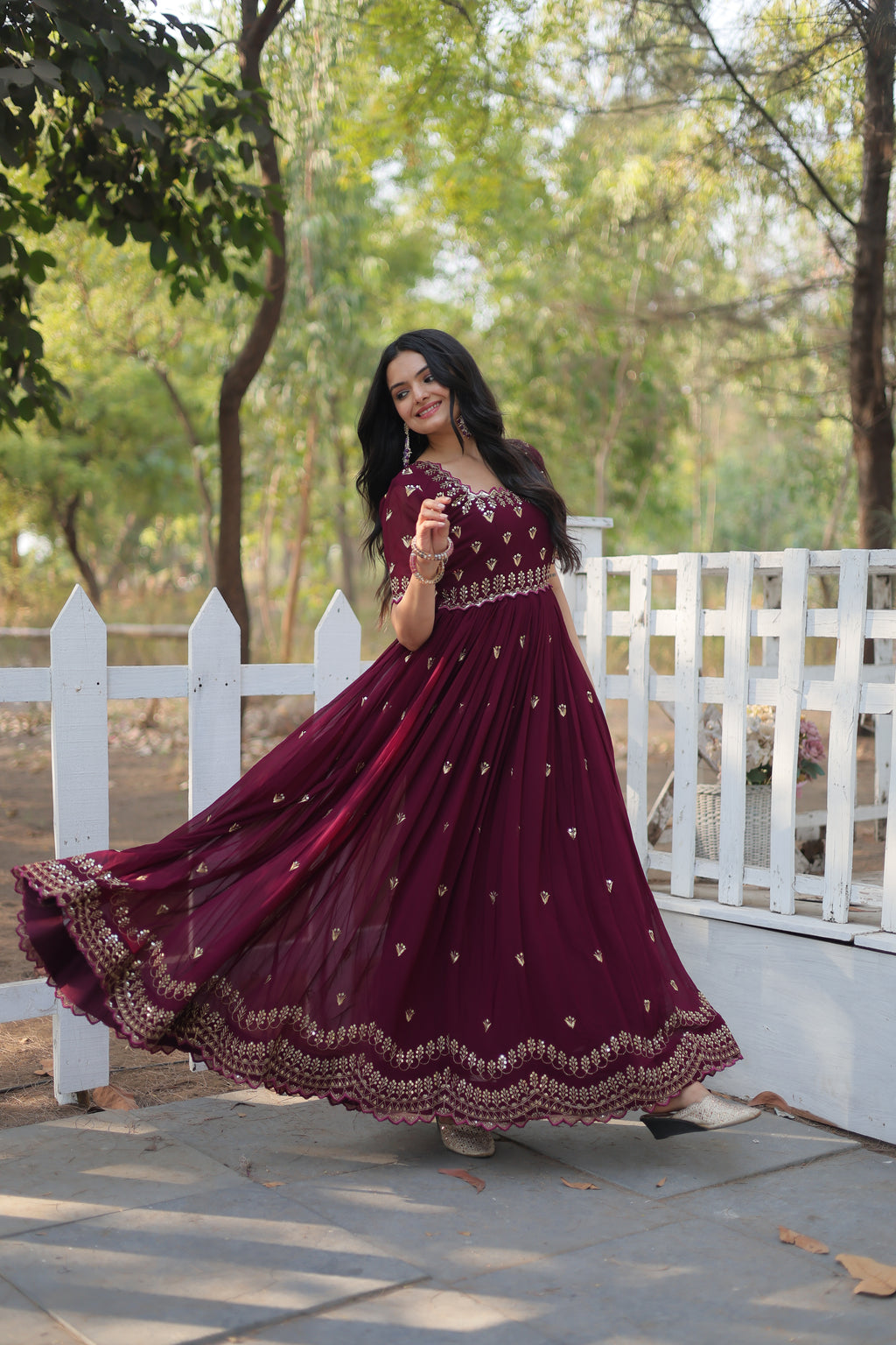 Women’s Maroon Georgette Gown – Elegant Designer Wear with Embroidered Detailing