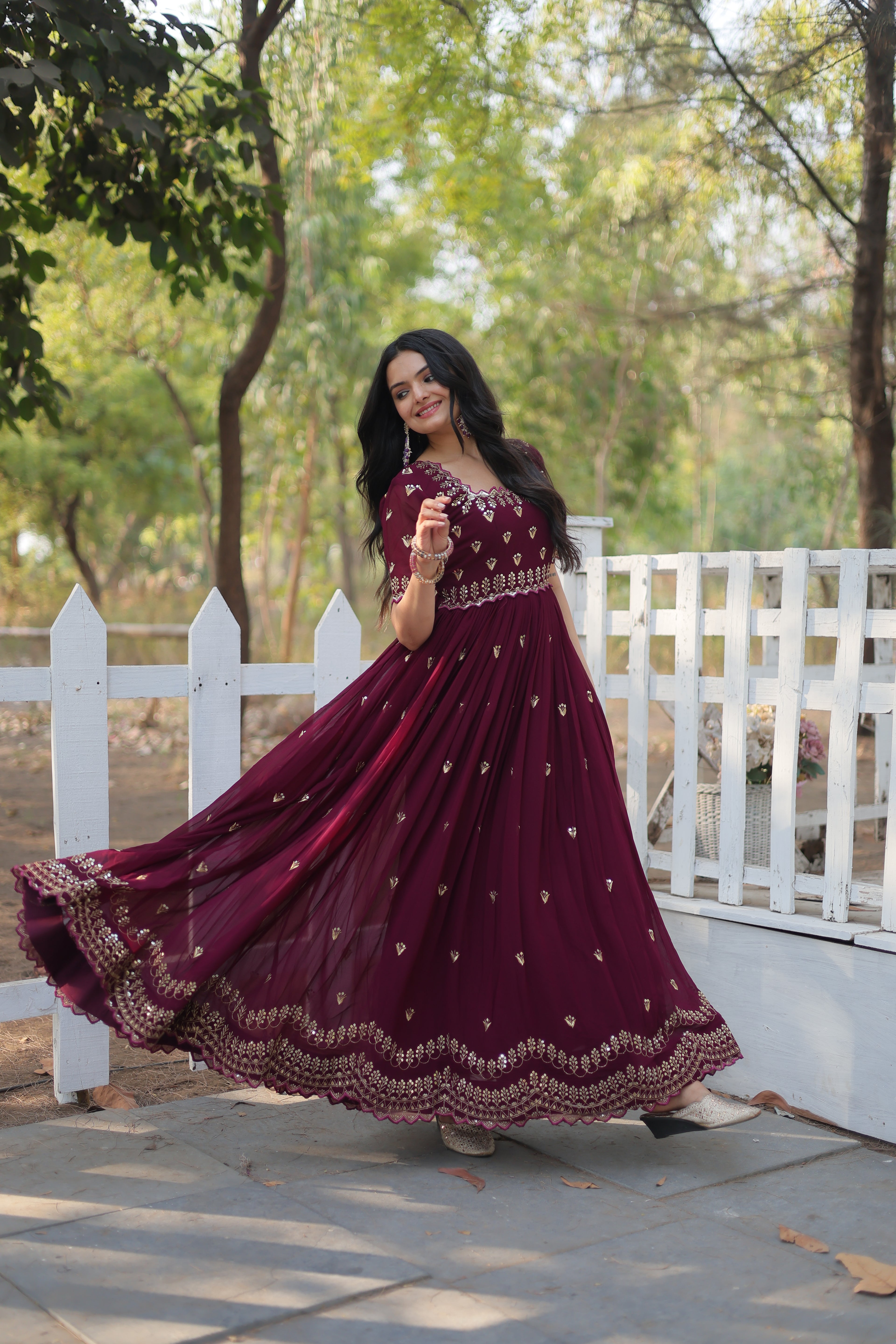 Women’s Maroon Georgette Gown – Elegant Designer Wear with Embroidered Detailing