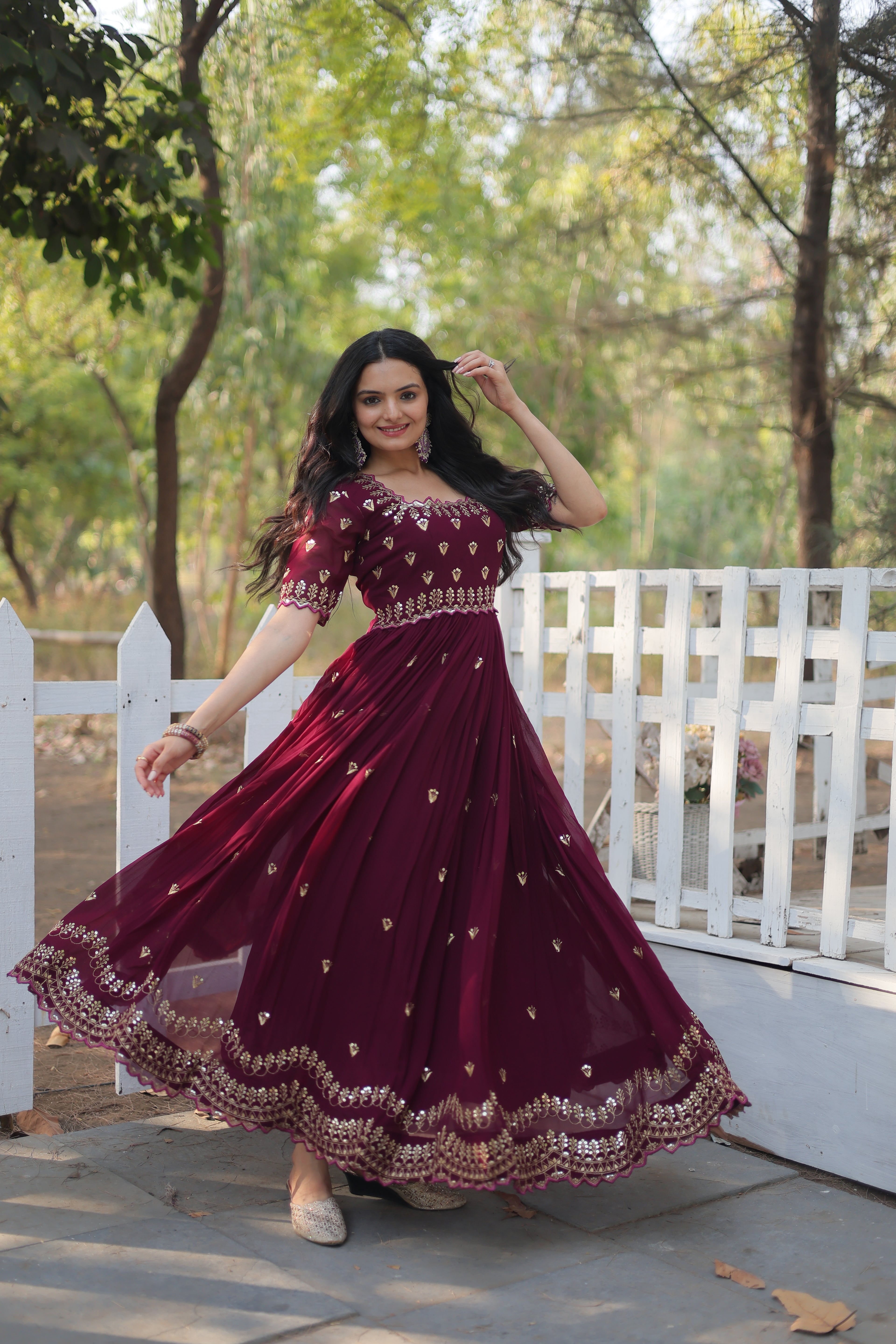 Women’s Maroon Georgette Gown – Elegant Designer Wear with Embroidered Detailing