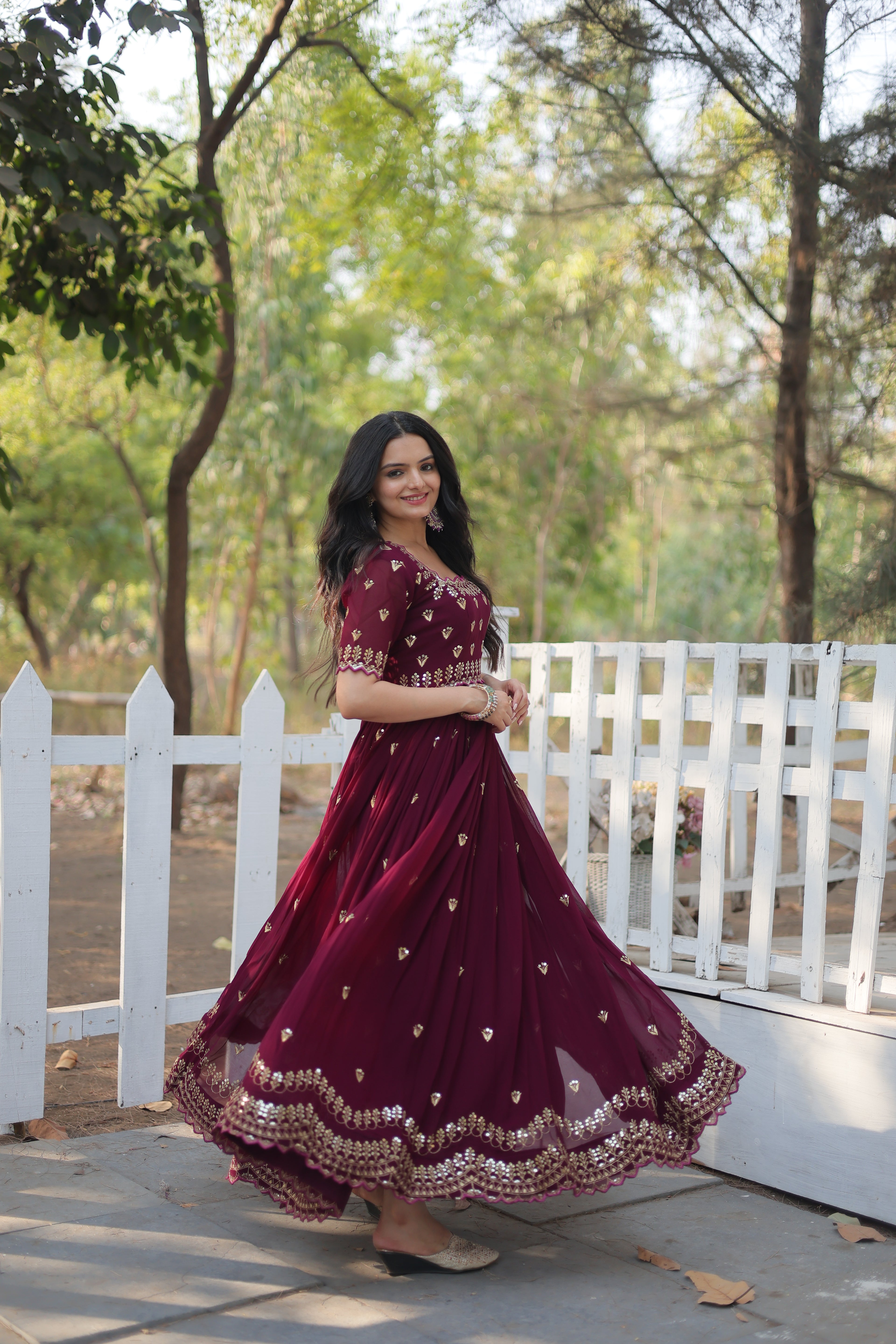 Women’s Maroon Georgette Gown – Elegant Designer Wear with Embroidered Detailing