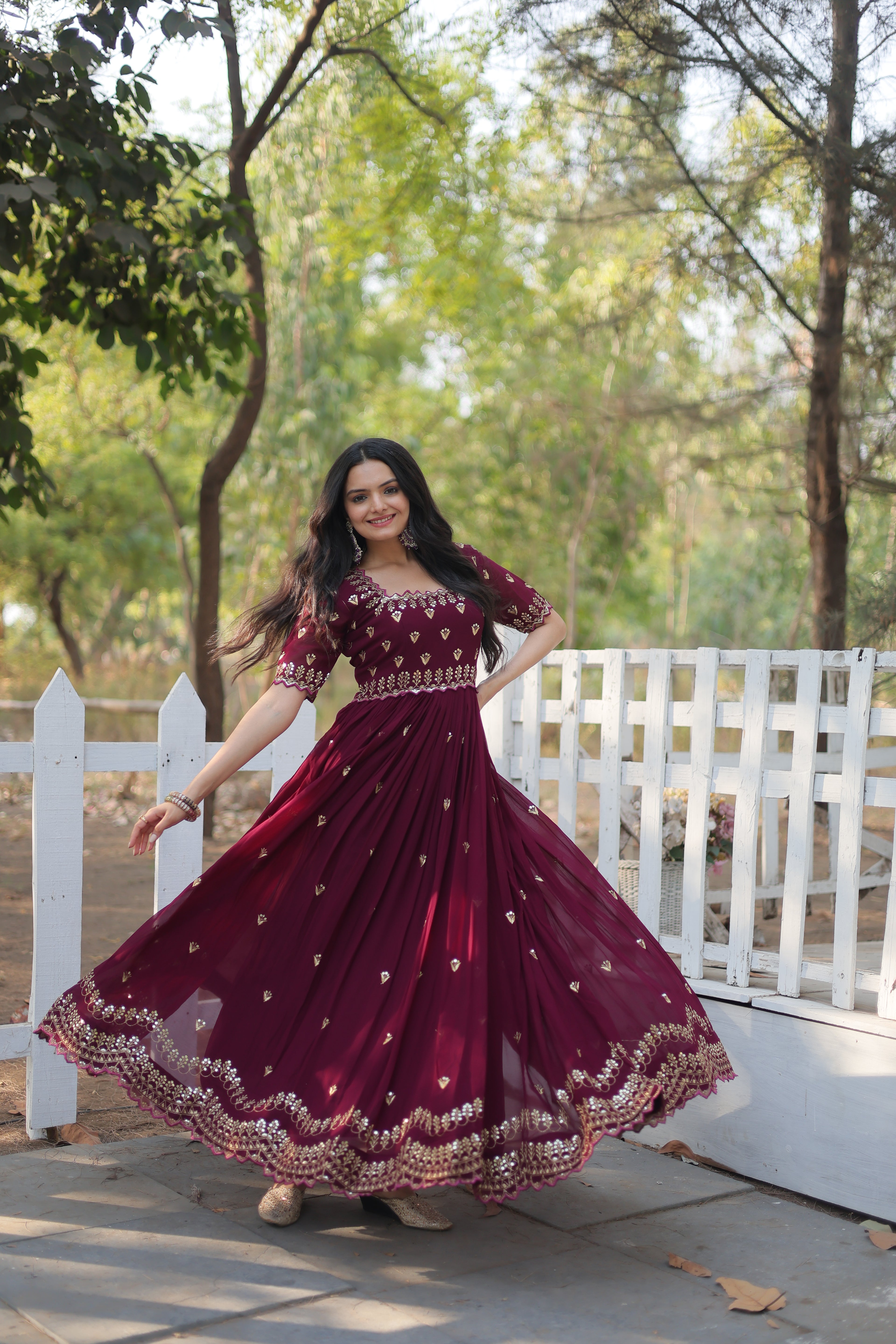 Women’s Maroon Georgette Gown – Elegant Designer Wear with Embroidered Detailing