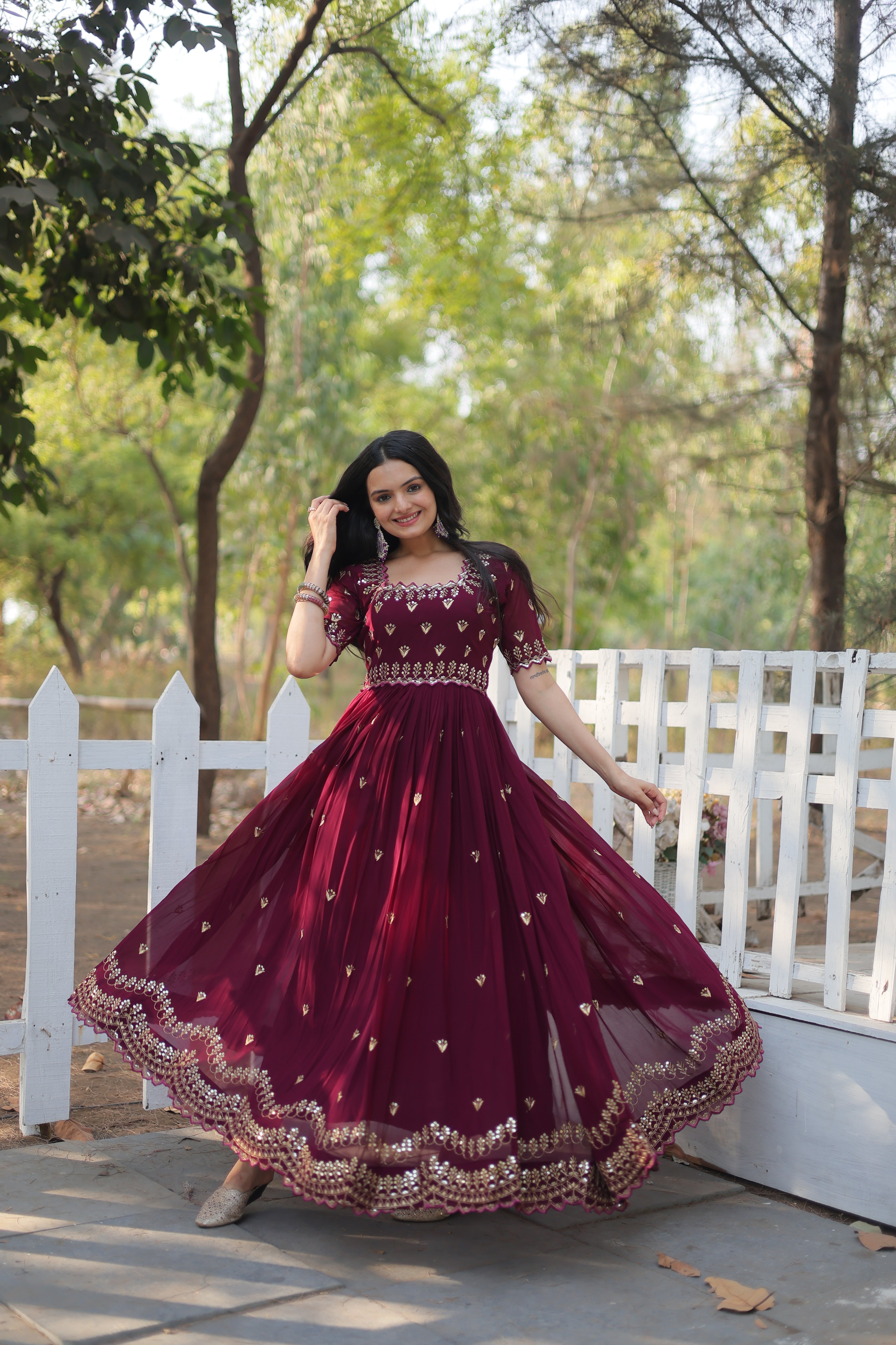 Women’s Maroon Georgette Gown – Elegant Designer Wear with Embroidered Detailing