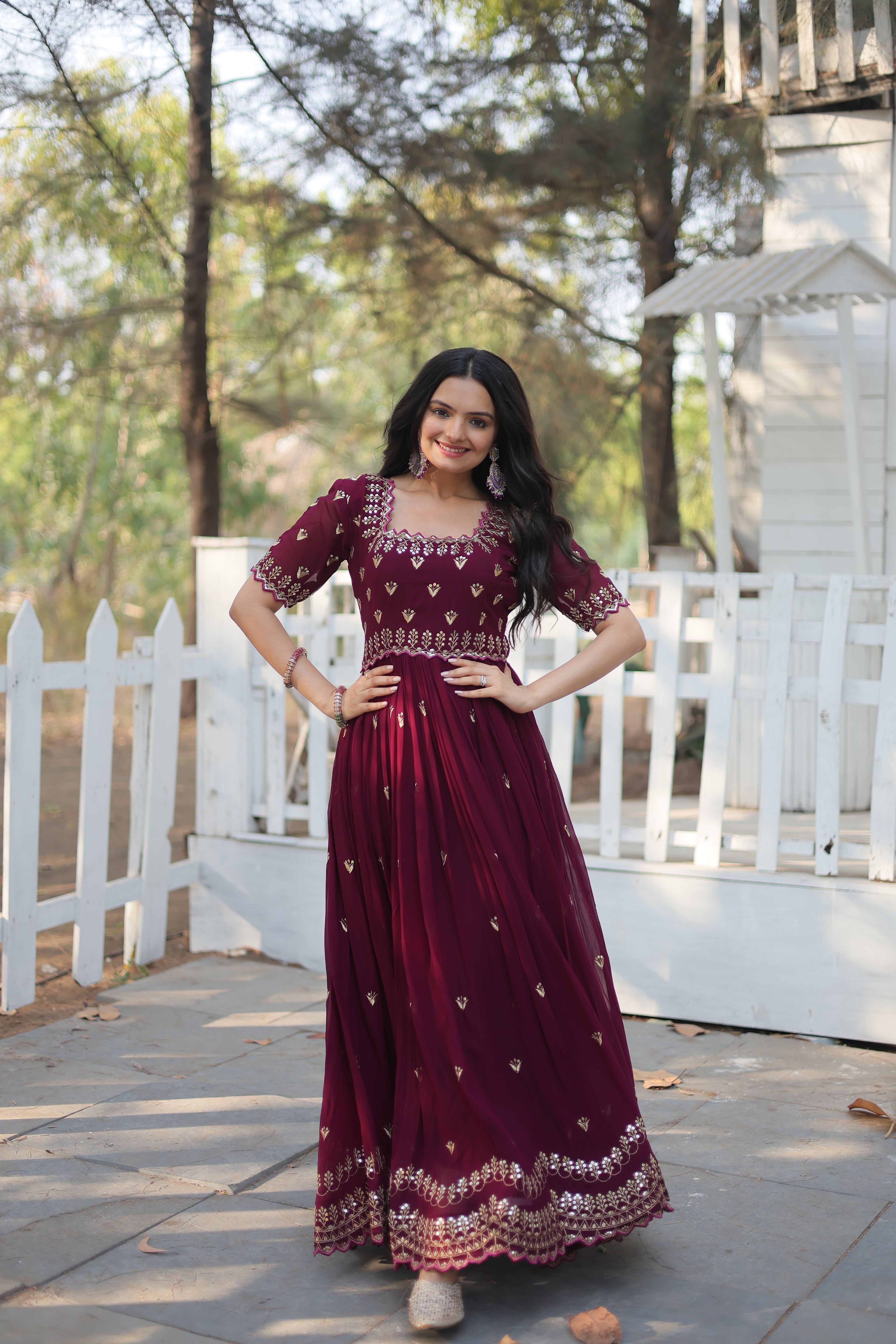 Women’s Maroon Georgette Gown – Elegant Designer Wear with Embroidered Detailing