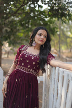 Women’s Maroon Georgette Gown – Elegant Designer Wear with Embroidered Detailing