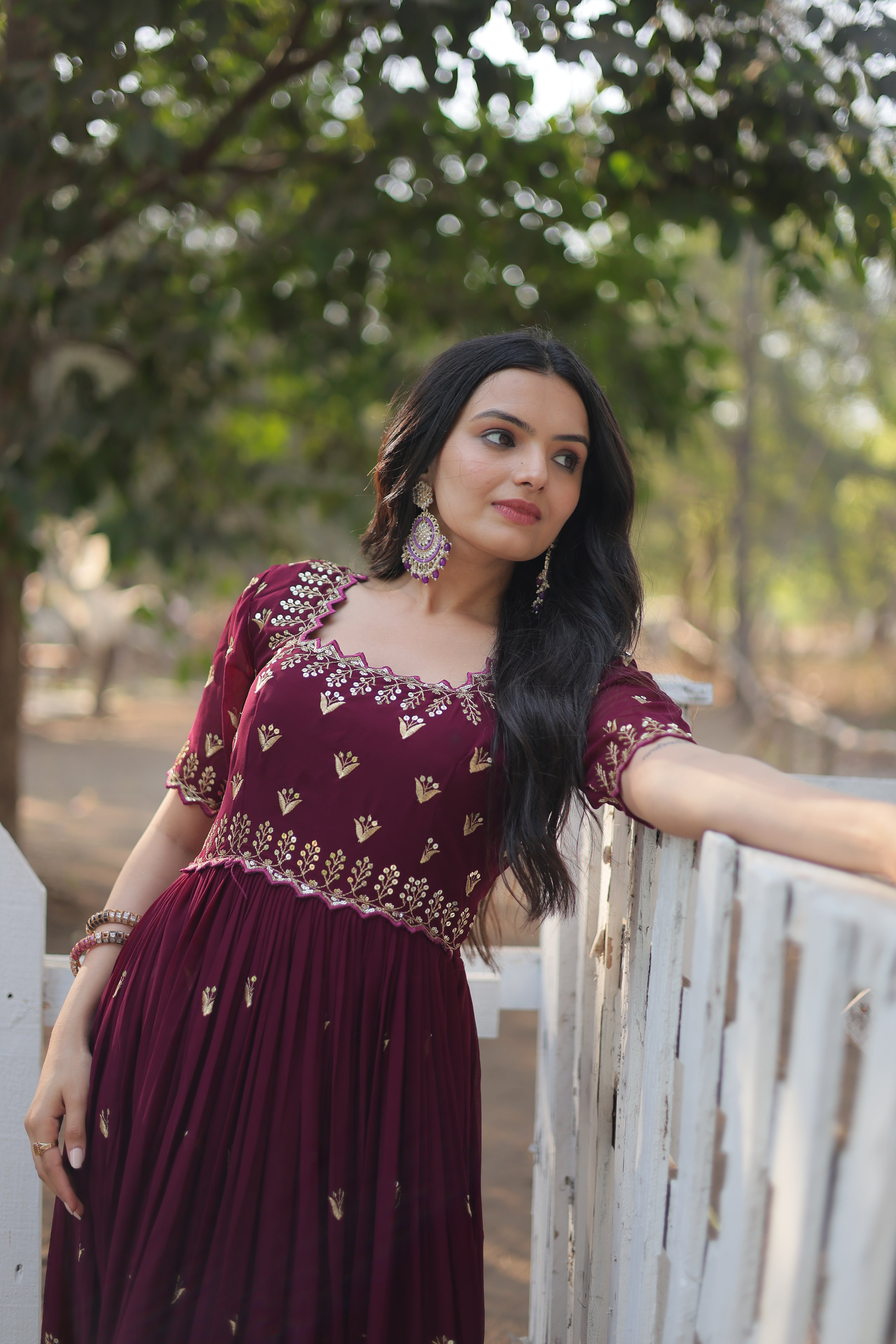 Women’s Maroon Georgette Gown – Elegant Designer Wear with Embroidered Detailing