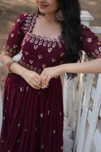 Women’s Maroon Georgette Gown – Elegant Designer Wear with Embroidered Detailing