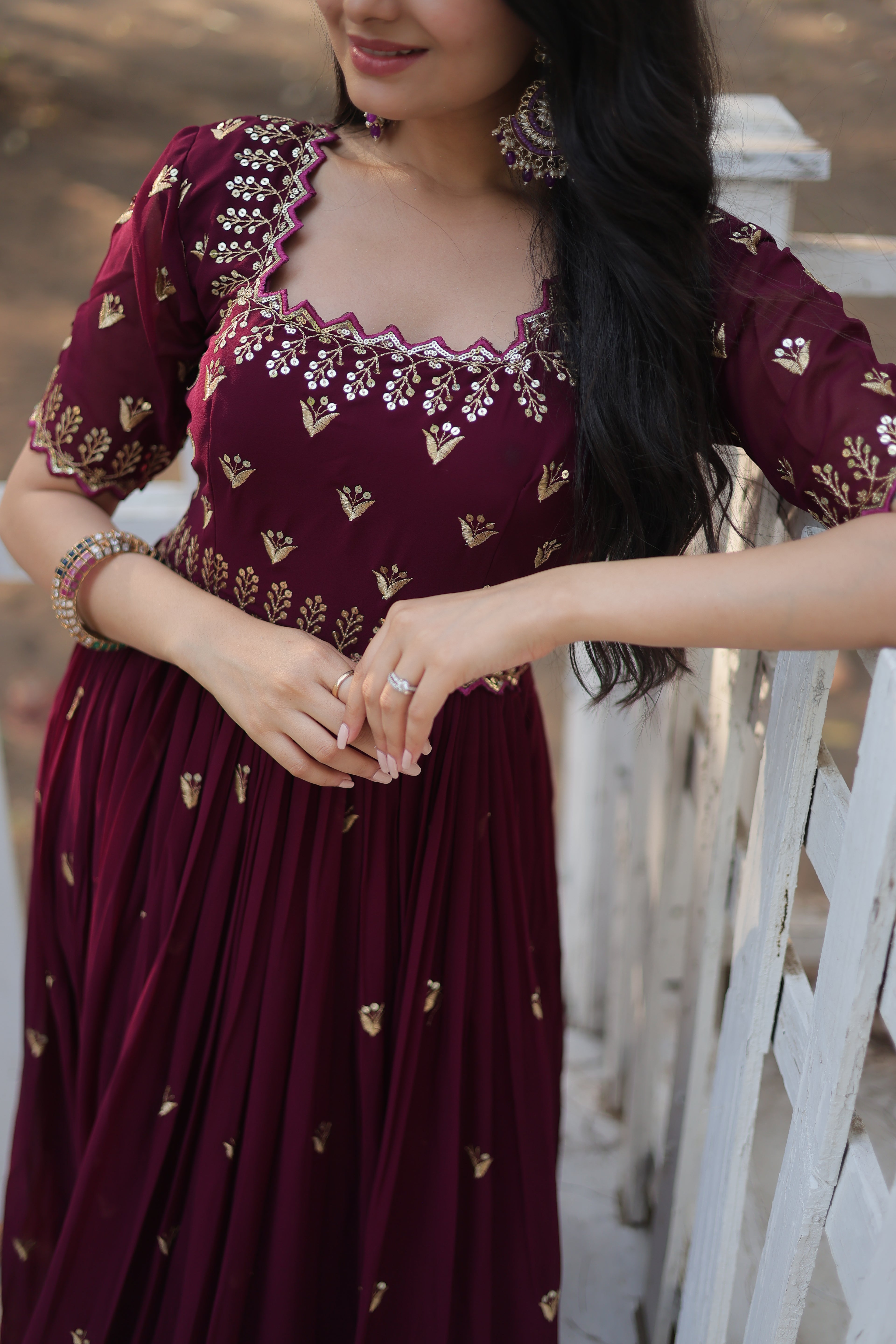 Women’s Maroon Georgette Gown – Elegant Designer Wear with Embroidered Detailing