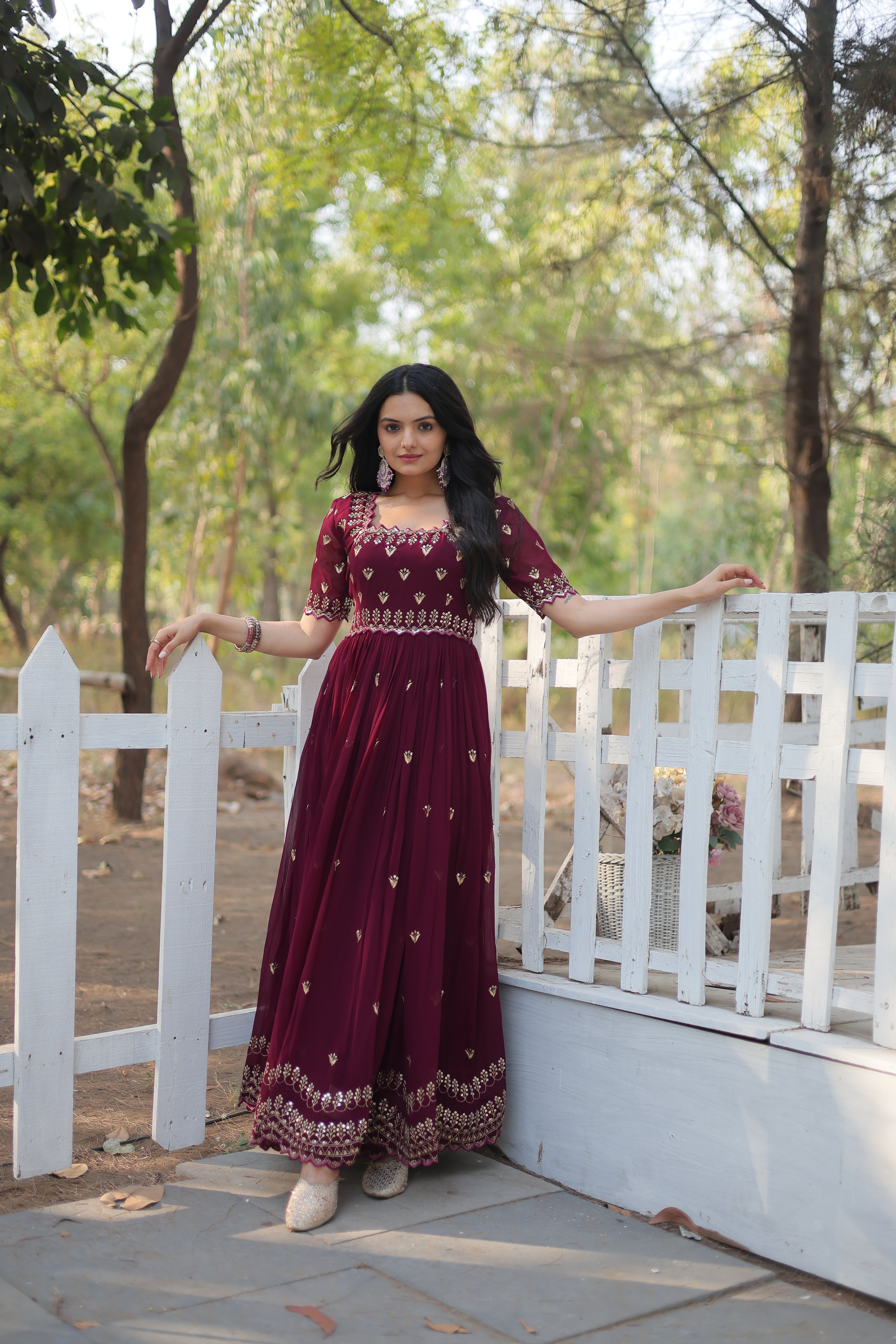 Women’s Maroon Georgette Gown – Elegant Designer Wear with Embroidered Detailing