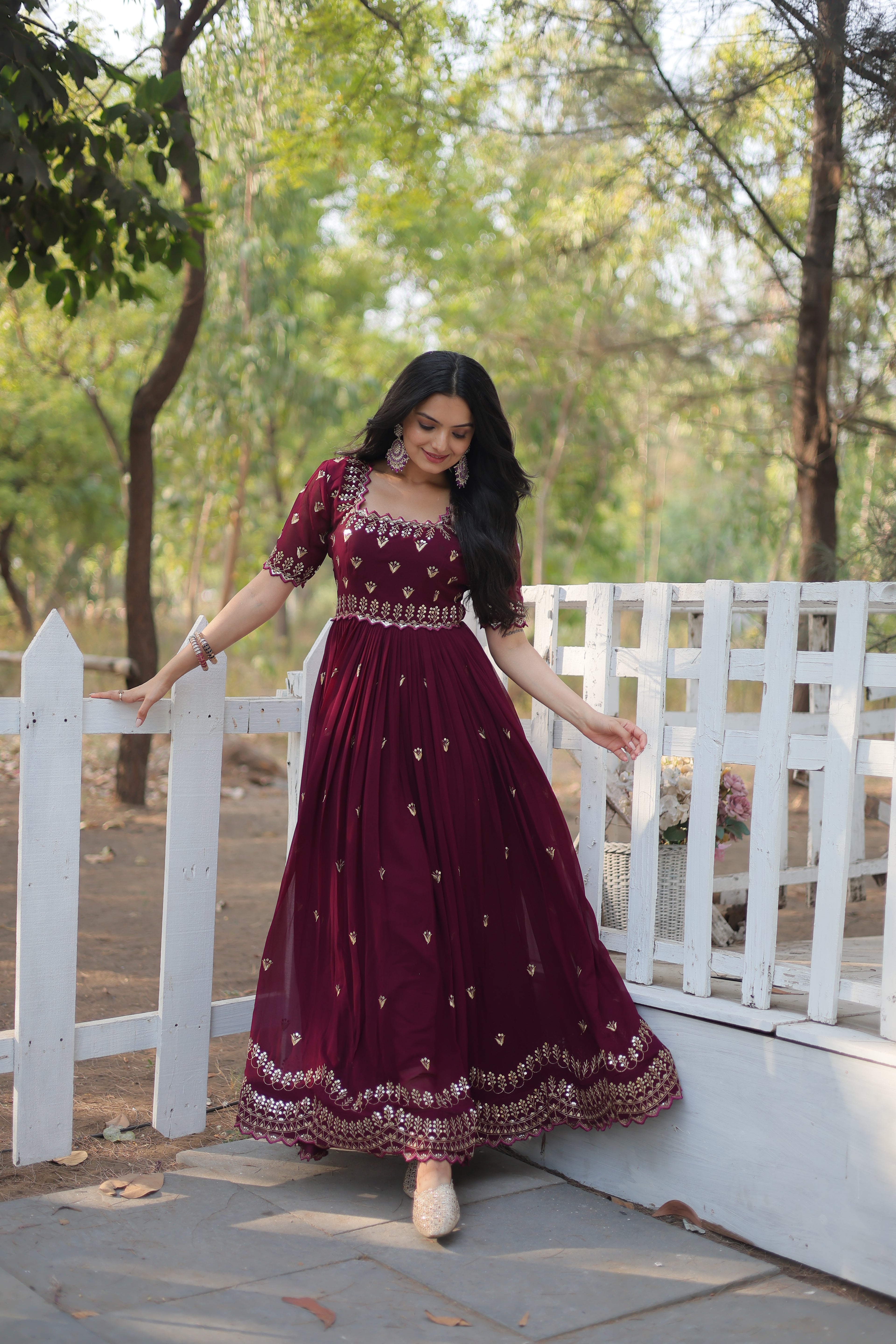 Women’s Maroon Georgette Gown – Elegant Designer Wear with Embroidered Detailing