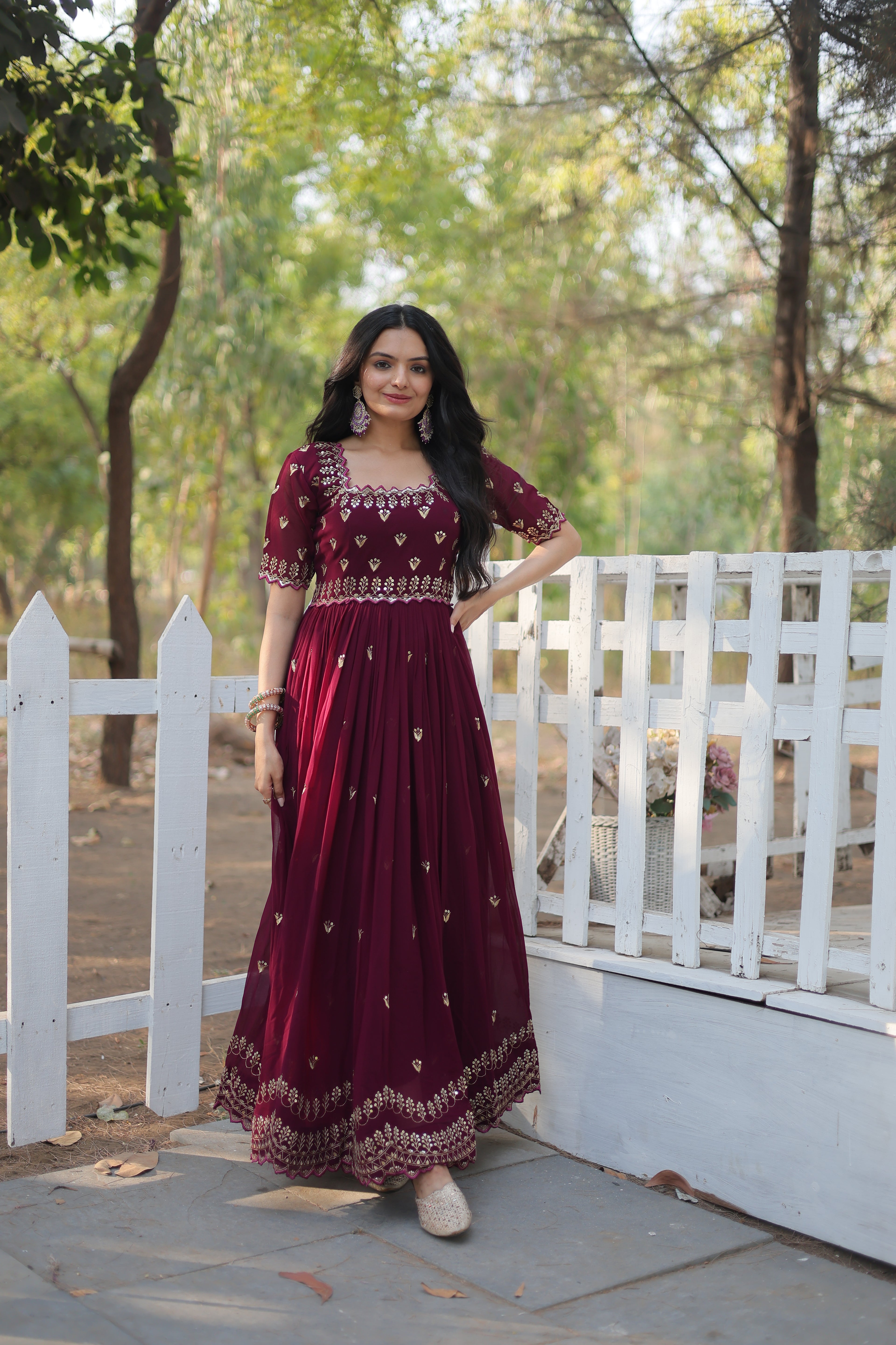 Women’s Maroon Georgette Gown – Elegant Designer Wear with Embroidered Detailing