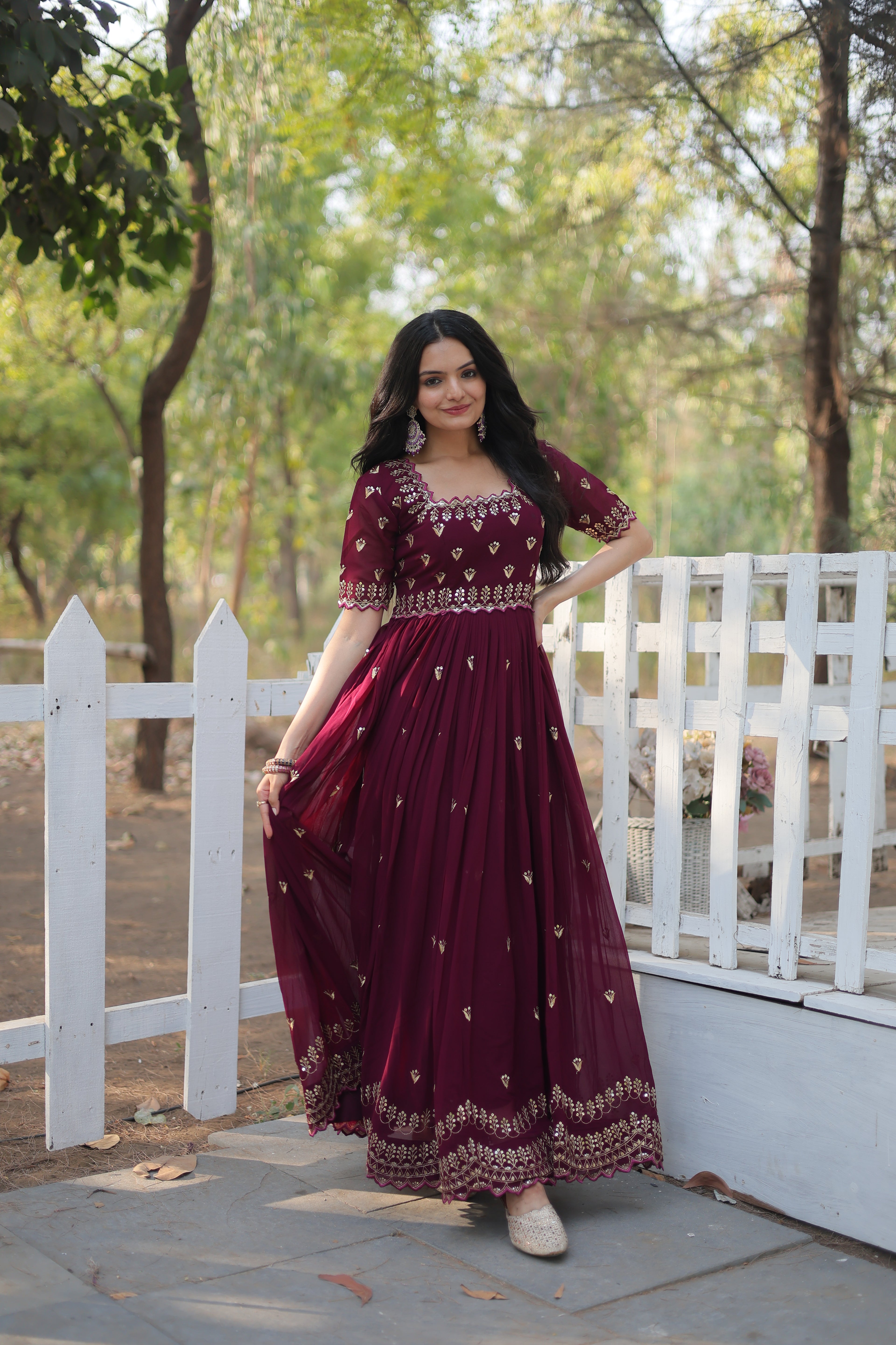 Women’s Maroon Georgette Gown – Elegant Designer Wear with Embroidered Detailing