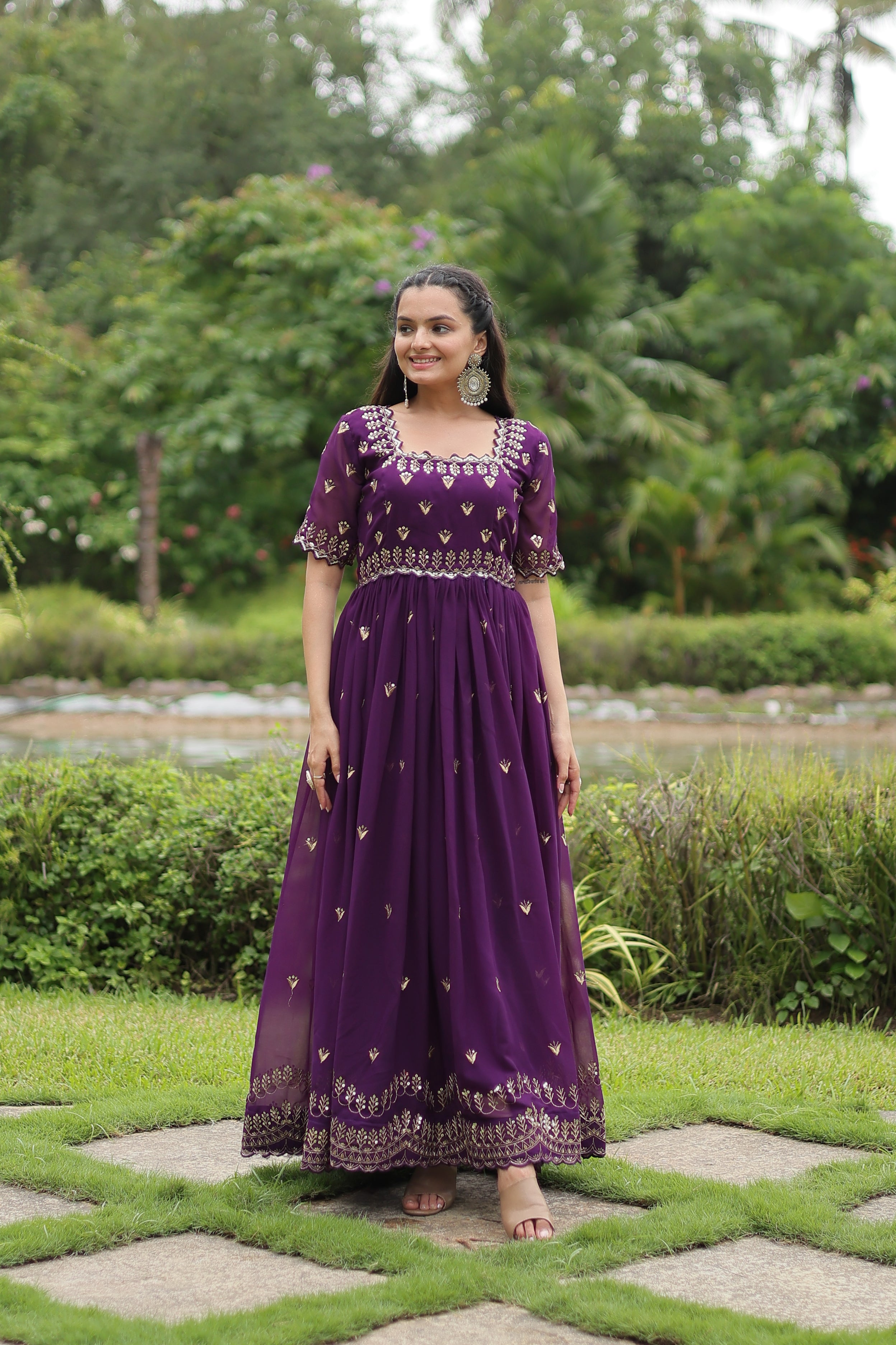 Women’s Purple Georgette Gown – Elegant Designer Wear with Embroidered Detailing