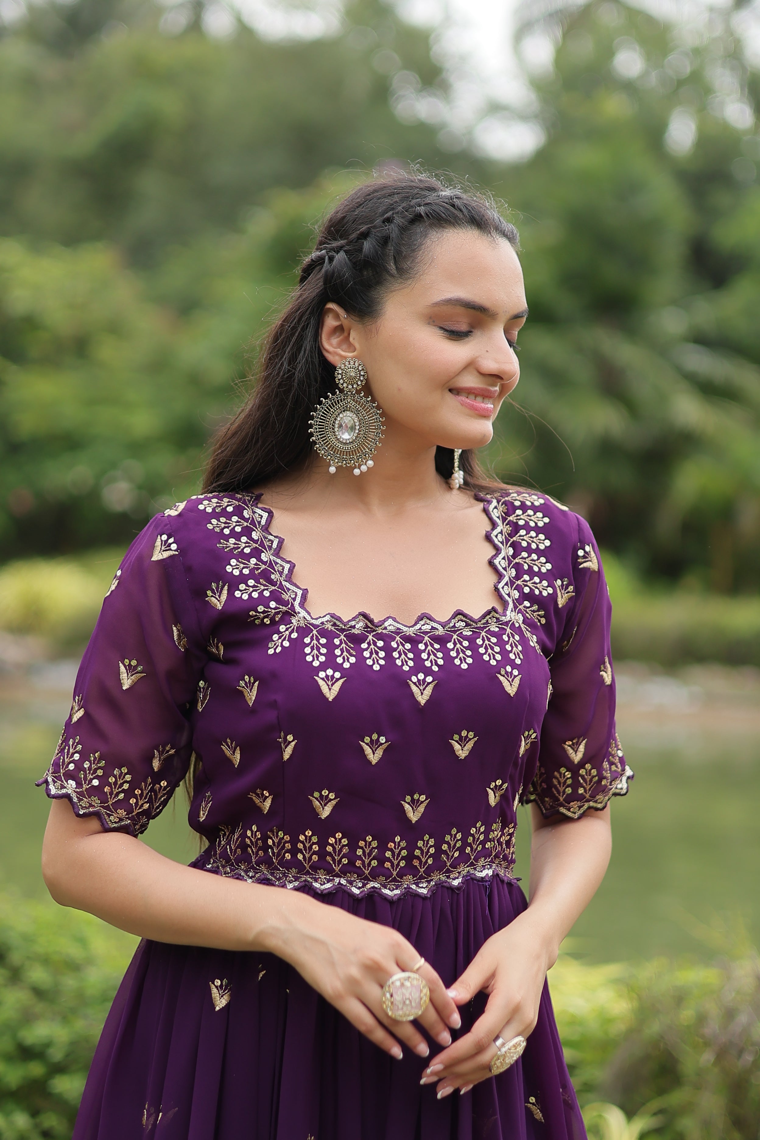 Women’s Purple Georgette Gown – Elegant Designer Wear with Embroidered Detailing