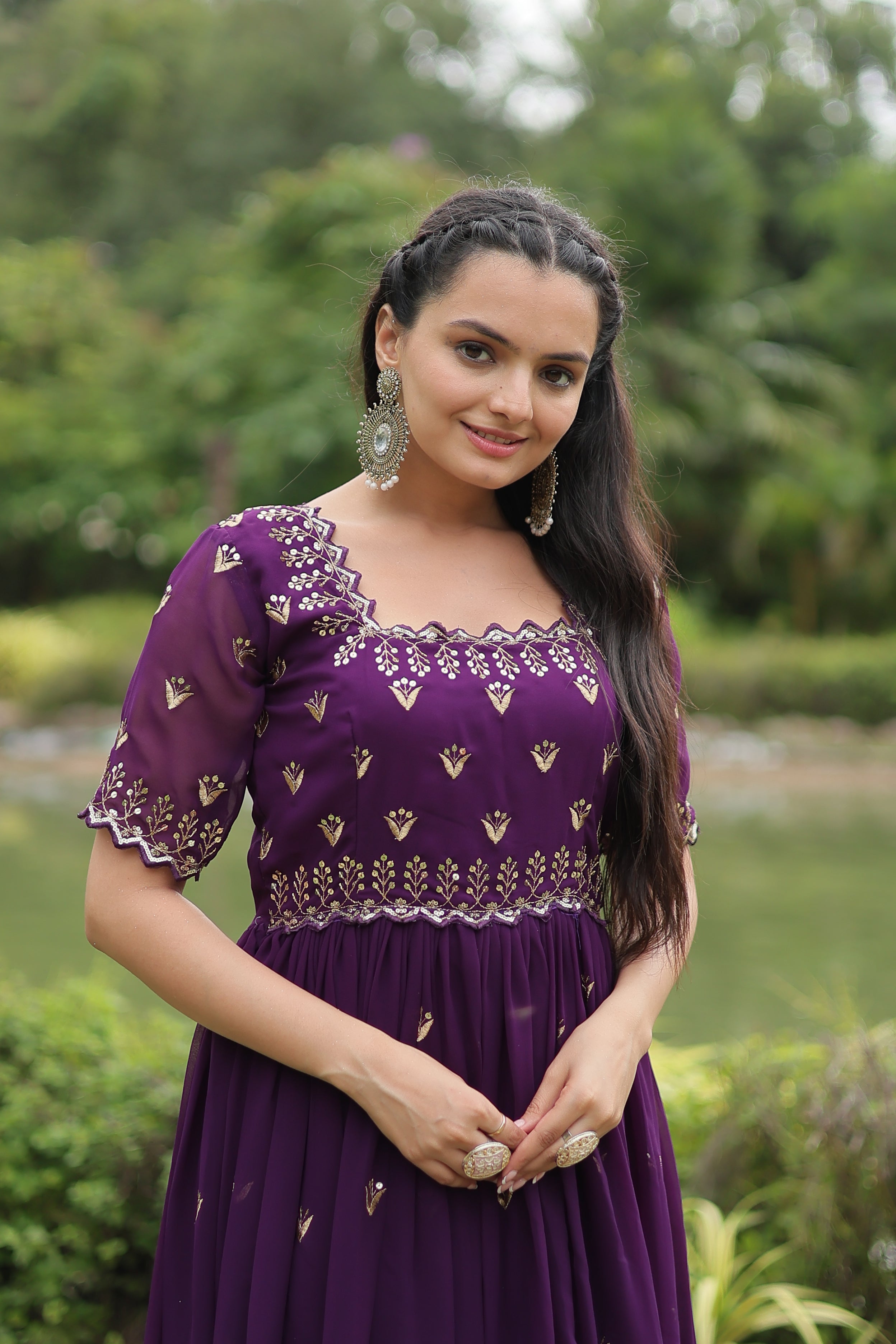Women’s Purple Georgette Gown – Elegant Designer Wear with Embroidered Detailing