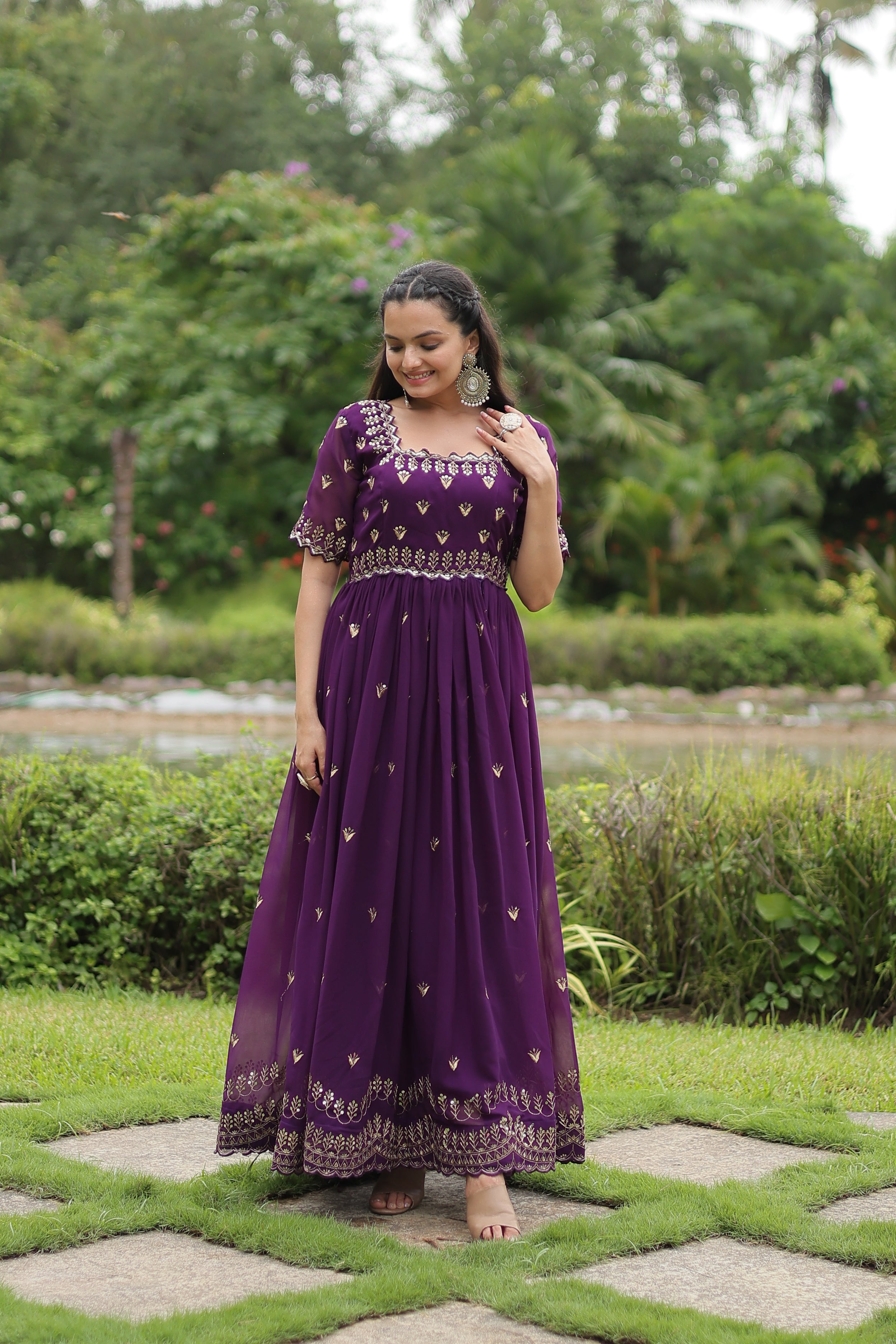 Women’s Purple Georgette Gown – Elegant Designer Wear with Embroidered Detailing