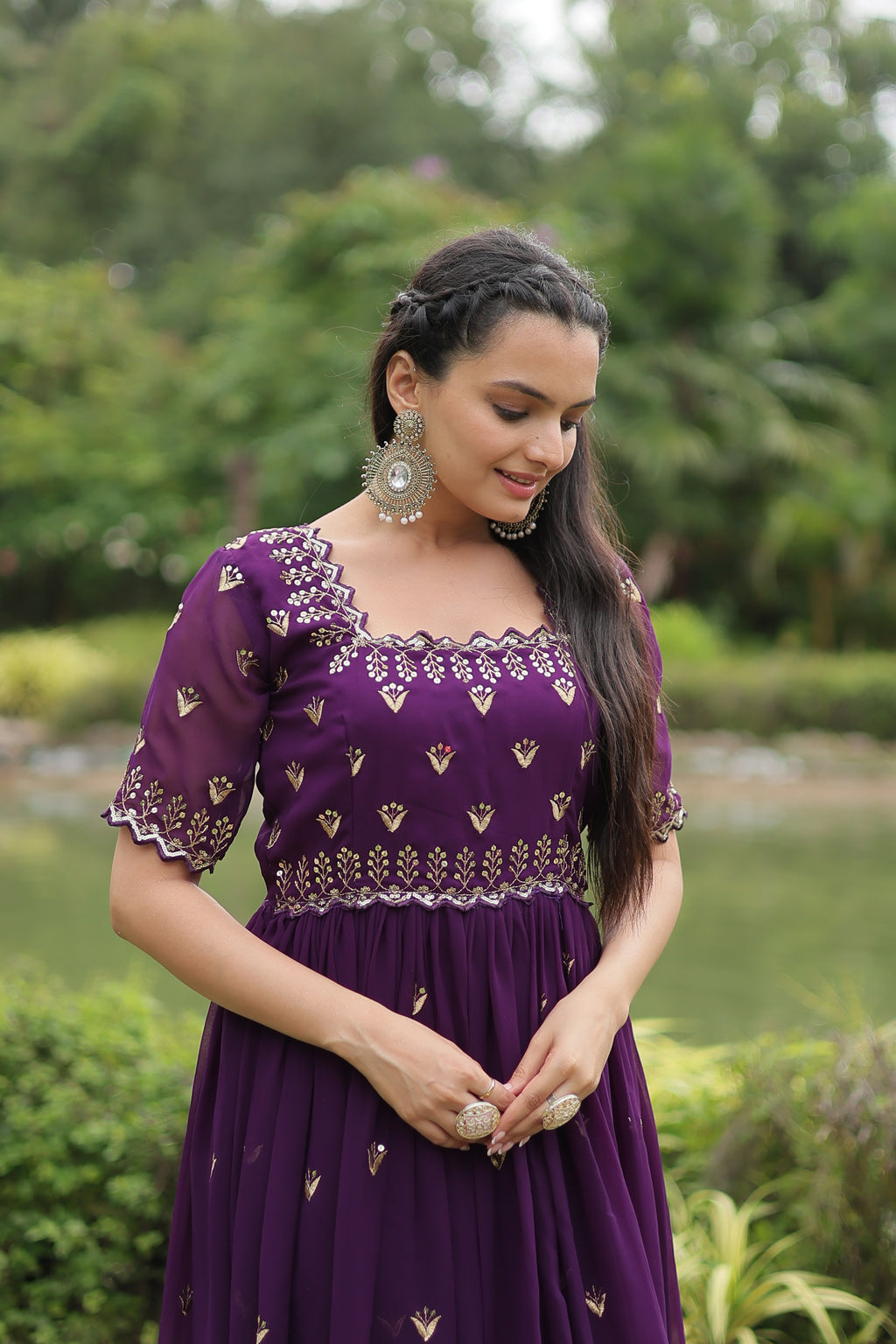 Women’s Purple Georgette Gown – Elegant Designer Wear with Embroidered Detailing