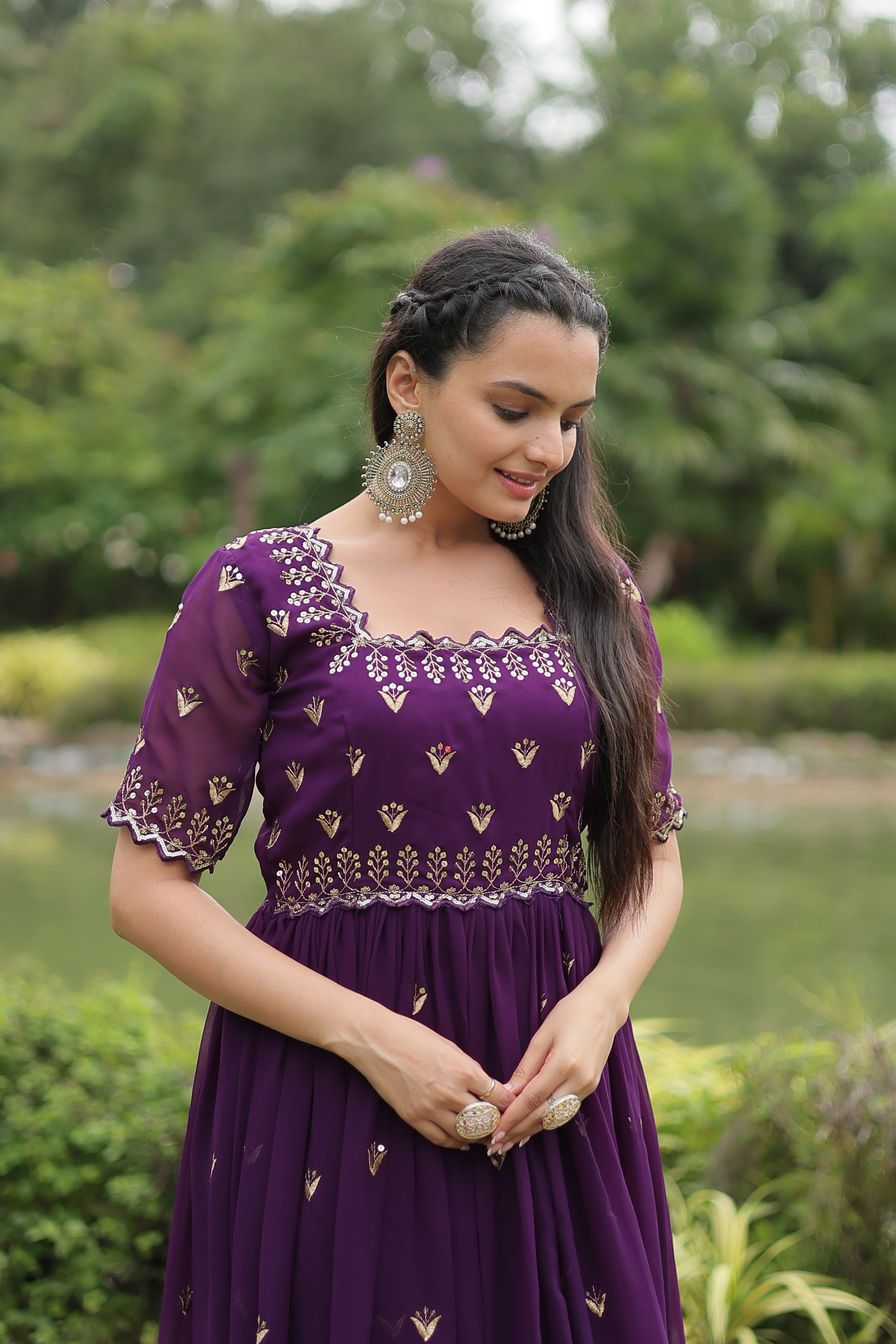 Women’s Purple Georgette Gown – Elegant Designer Wear with Embroidered Detailing