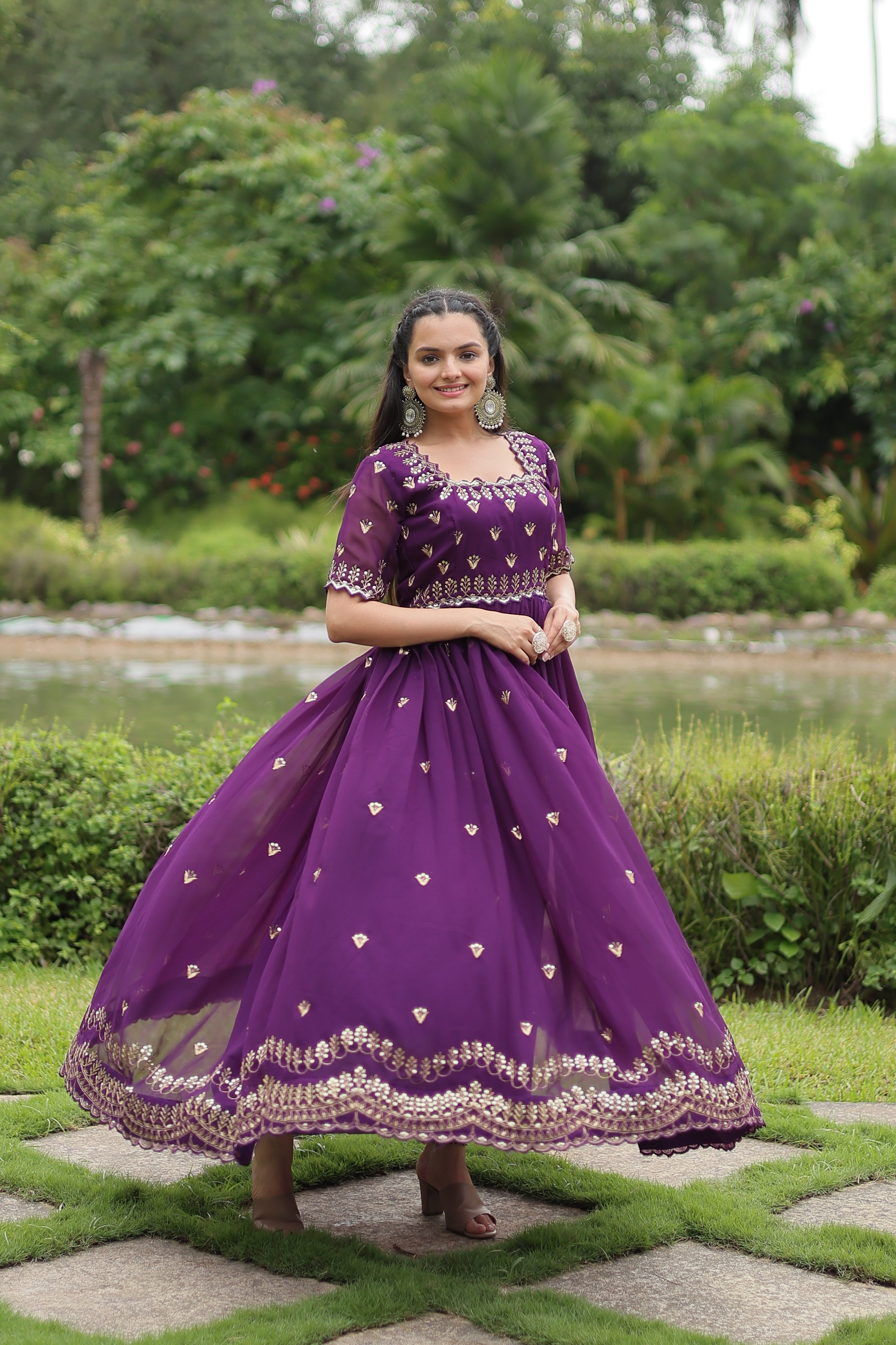 Women’s Purple Georgette Gown – Elegant Designer Wear with Embroidered Detailing
