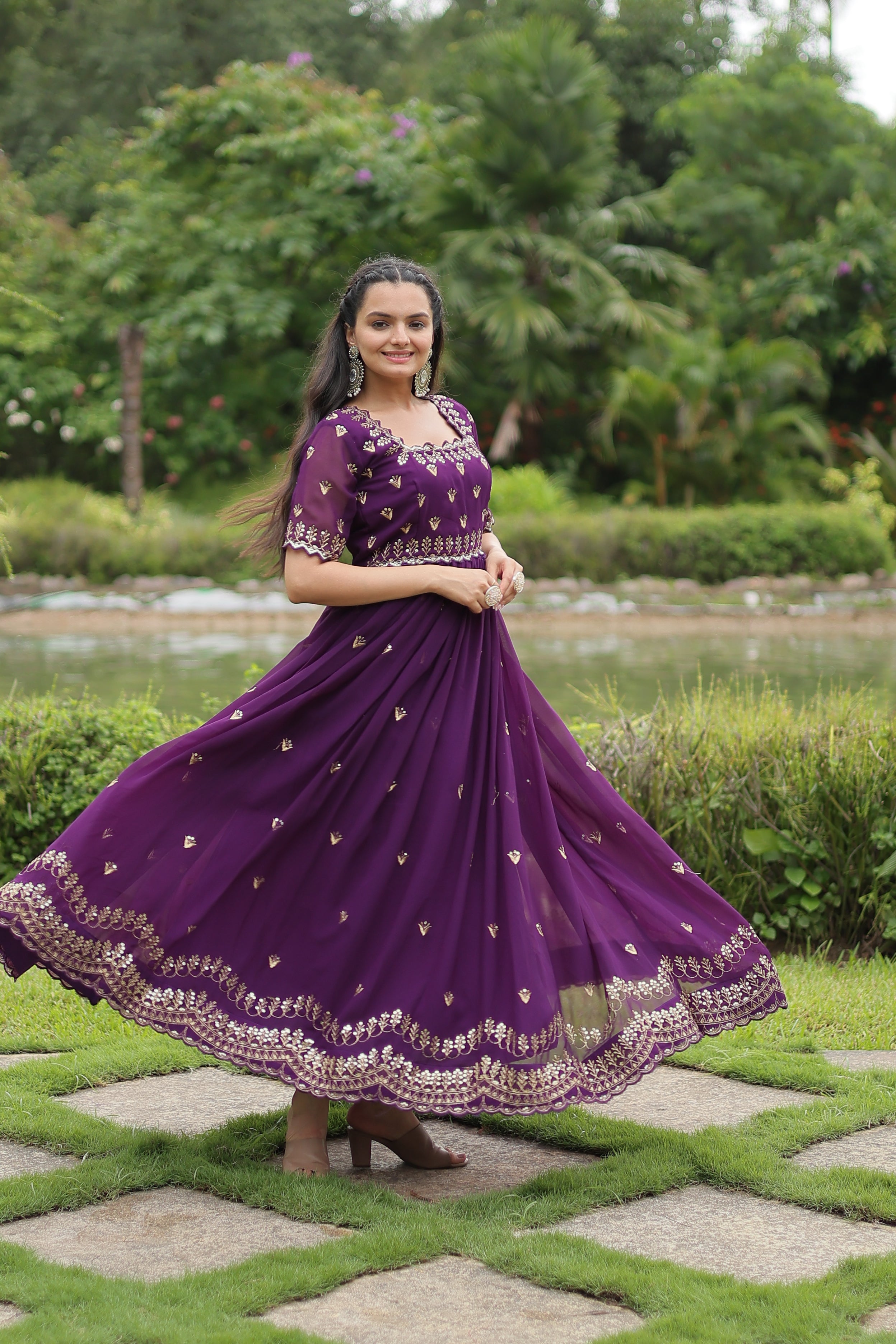 Women’s Purple Georgette Gown – Elegant Designer Wear with Embroidered Detailing
