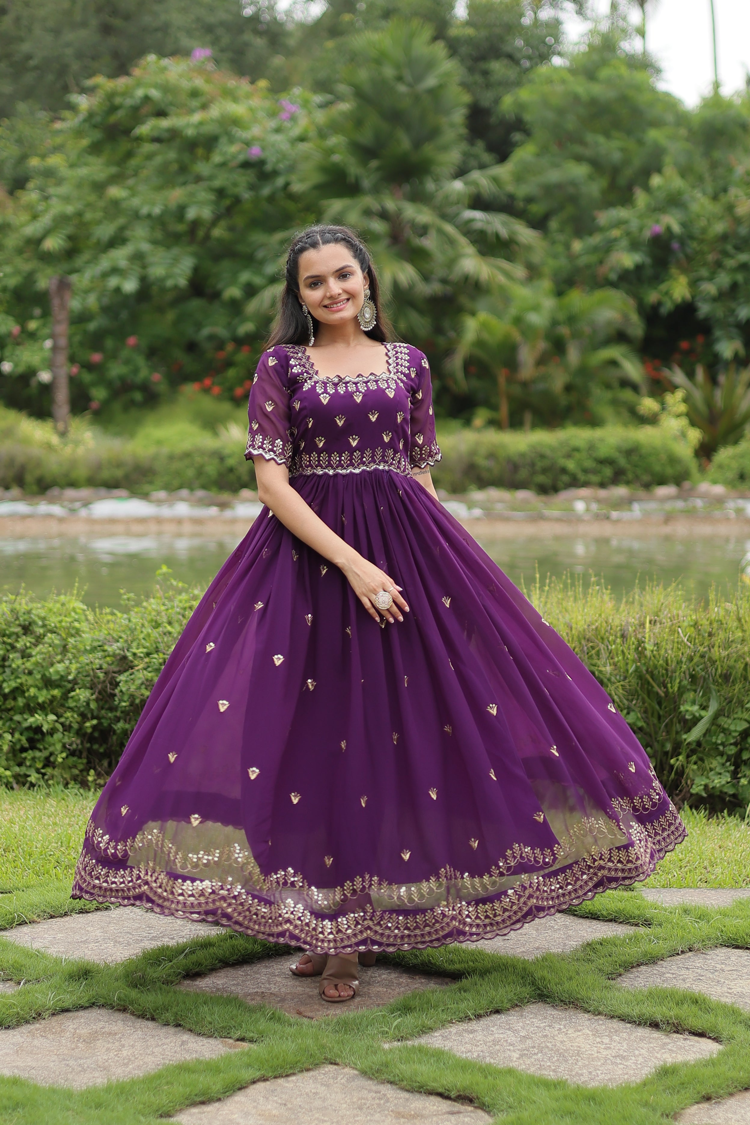 Women’s Purple Georgette Gown – Elegant Designer Wear with Embroidered Detailing