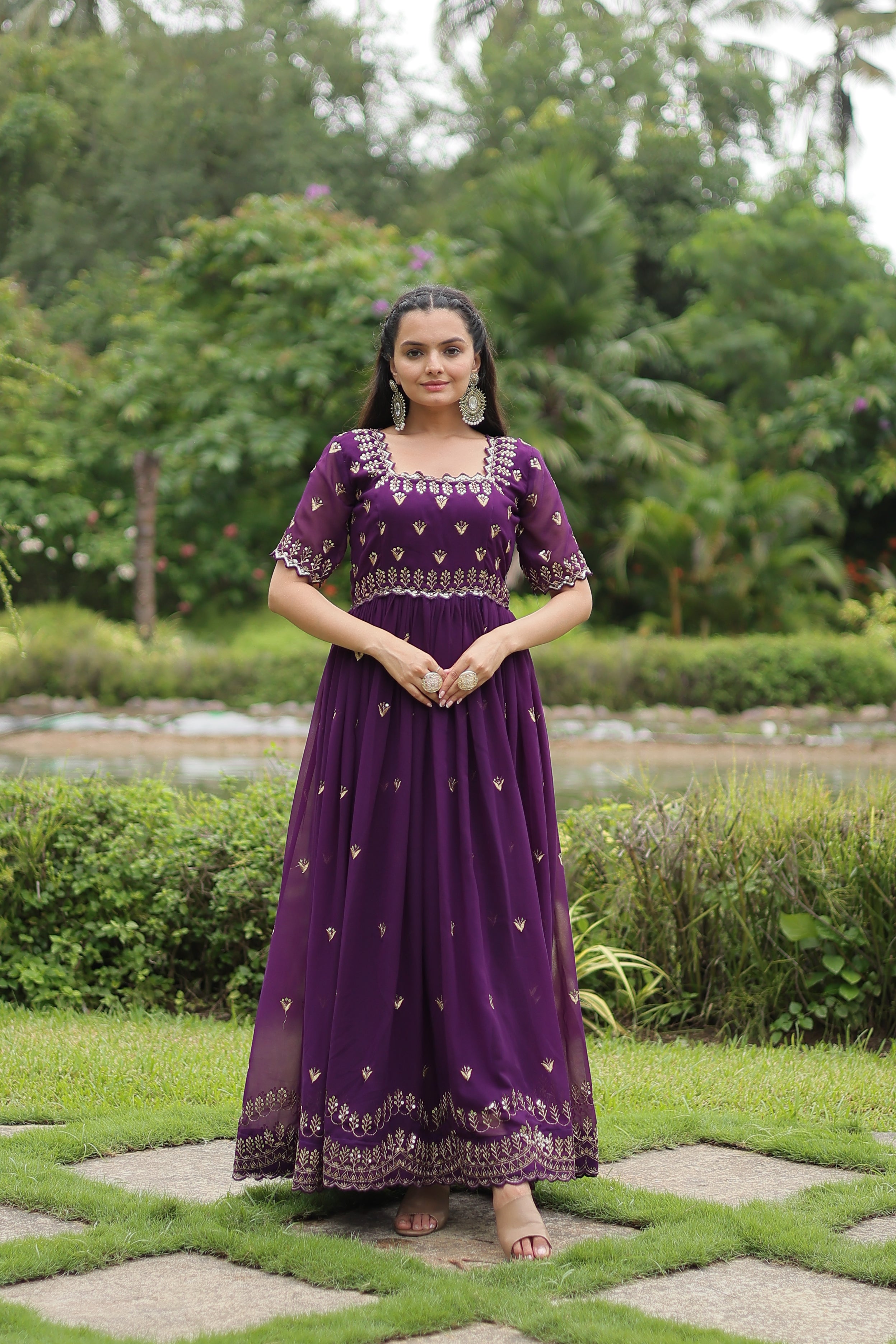 Women’s Purple Georgette Gown – Elegant Designer Wear with Embroidered Detailing